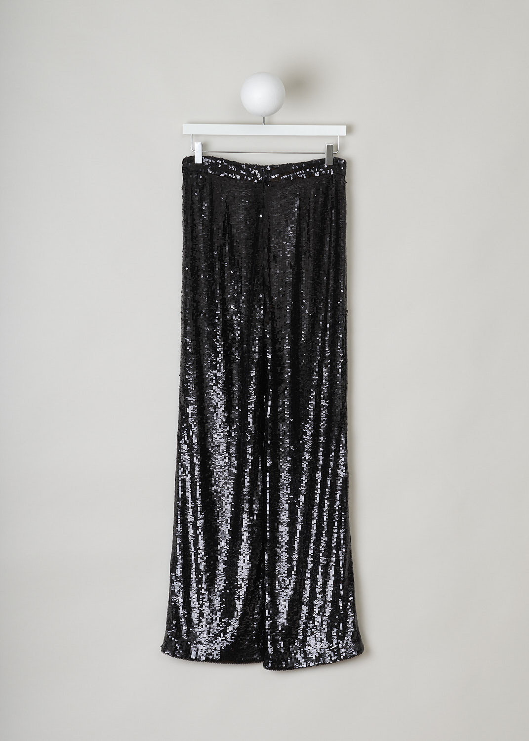 NILI LOTAN, BLACK SEQUIN PANTS, 12186_W688_BLACK, Black, Back, These black pants are fully covered with see-through sequin. A concealed clasp and zip functions as the closure option. These pants have straight pant legs and are fully lined. 
