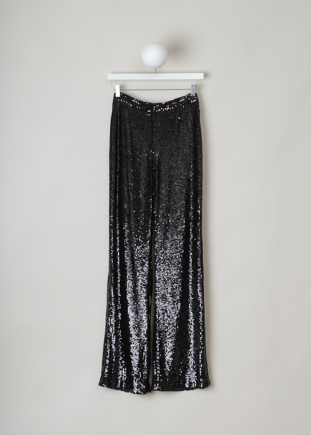 NILI LOTAN, BLACK SEQUIN PANTS, 12186_W688_BLACK, Black, Front, These black pants are fully covered with see-through sequin. A concealed clasp and zip functions as the closure option. These pants have straight pant legs and are fully lined. 
