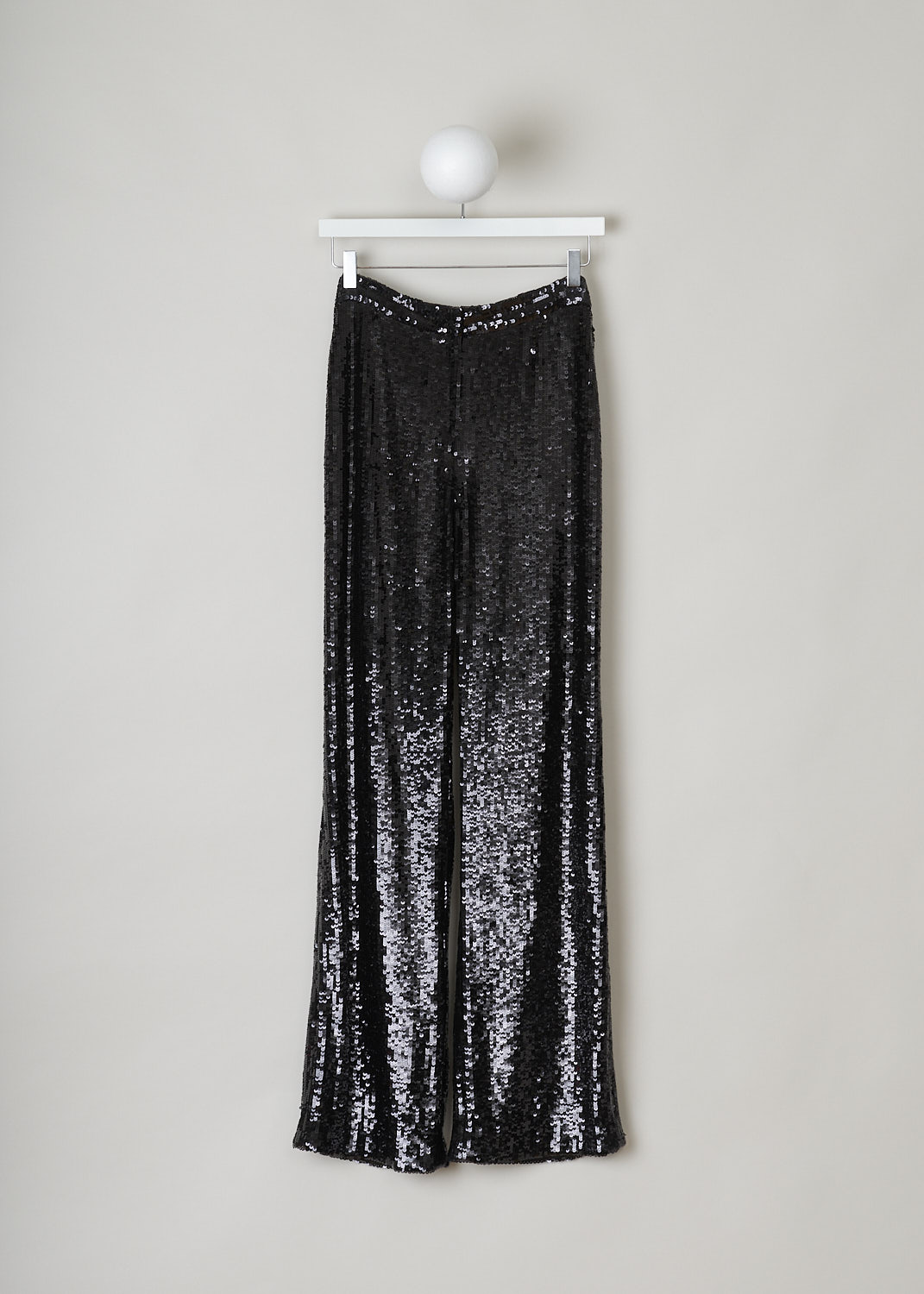 NILI LOTAN, BLACK SEQUIN PANTS, 12186_W688_BLACK, Black, Front, These black pants are fully covered with see-through sequin. A concealed clasp and zip functions as the closure option. These pants have straight pant legs and are fully lined. 
