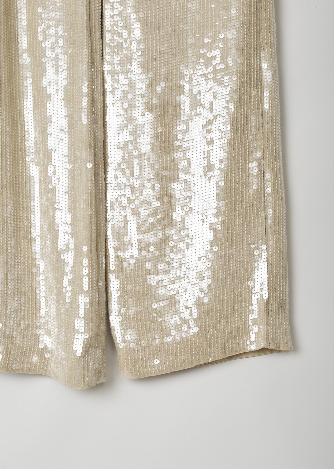 NILI LOTAN, KHAKI COLORED SEQUIN PANTS, 12186_W688_KHAKI, Detail, Beige, These khaki colored pants are fully covered with see-through sequin. A concealed clasp and zip functions as the closure option. These pants have straight pant legs and are fully lined. 
