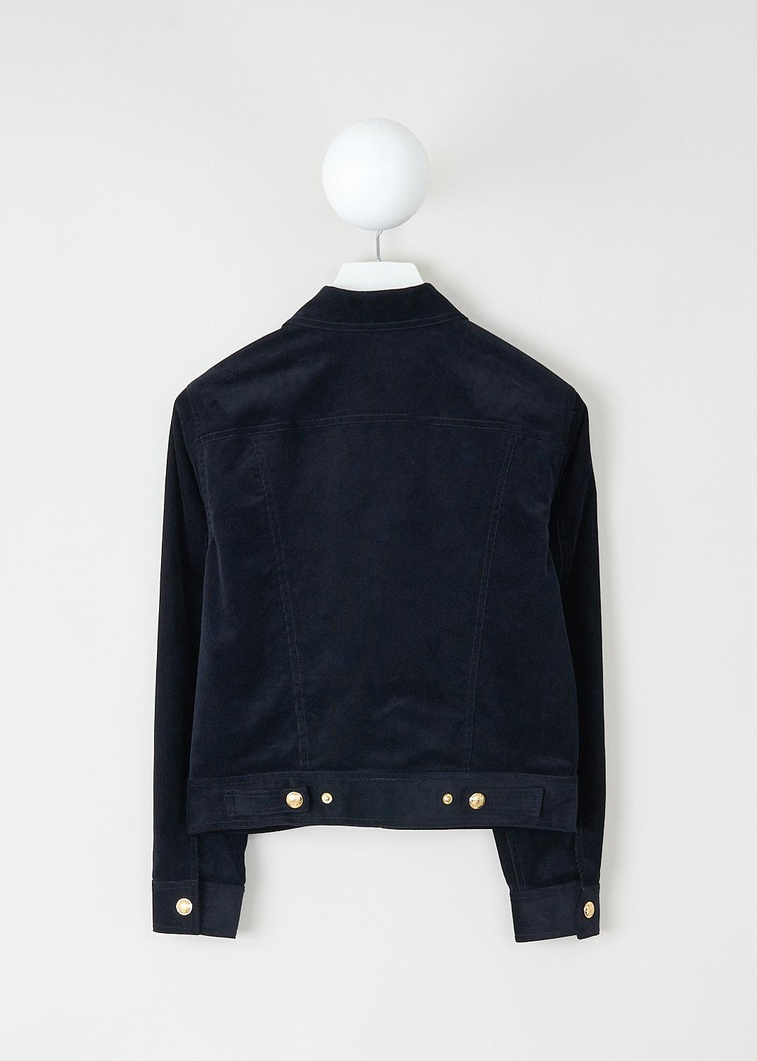 Nili Lotan, Midnight blue Lizeth jacket, LIZETH_JACKET_12674_W1530_MDT, Blue, Back, This ribbed Midnight blue Lizeth jacket has a spread collar and a front button closure with gold-tone buttons. The long sleeves have buttoned cuffs. On the front, the jacket has four flap patch pockets,, all with those some gold-tone buttons. In the back, the jacket has adjustable button tabs.
