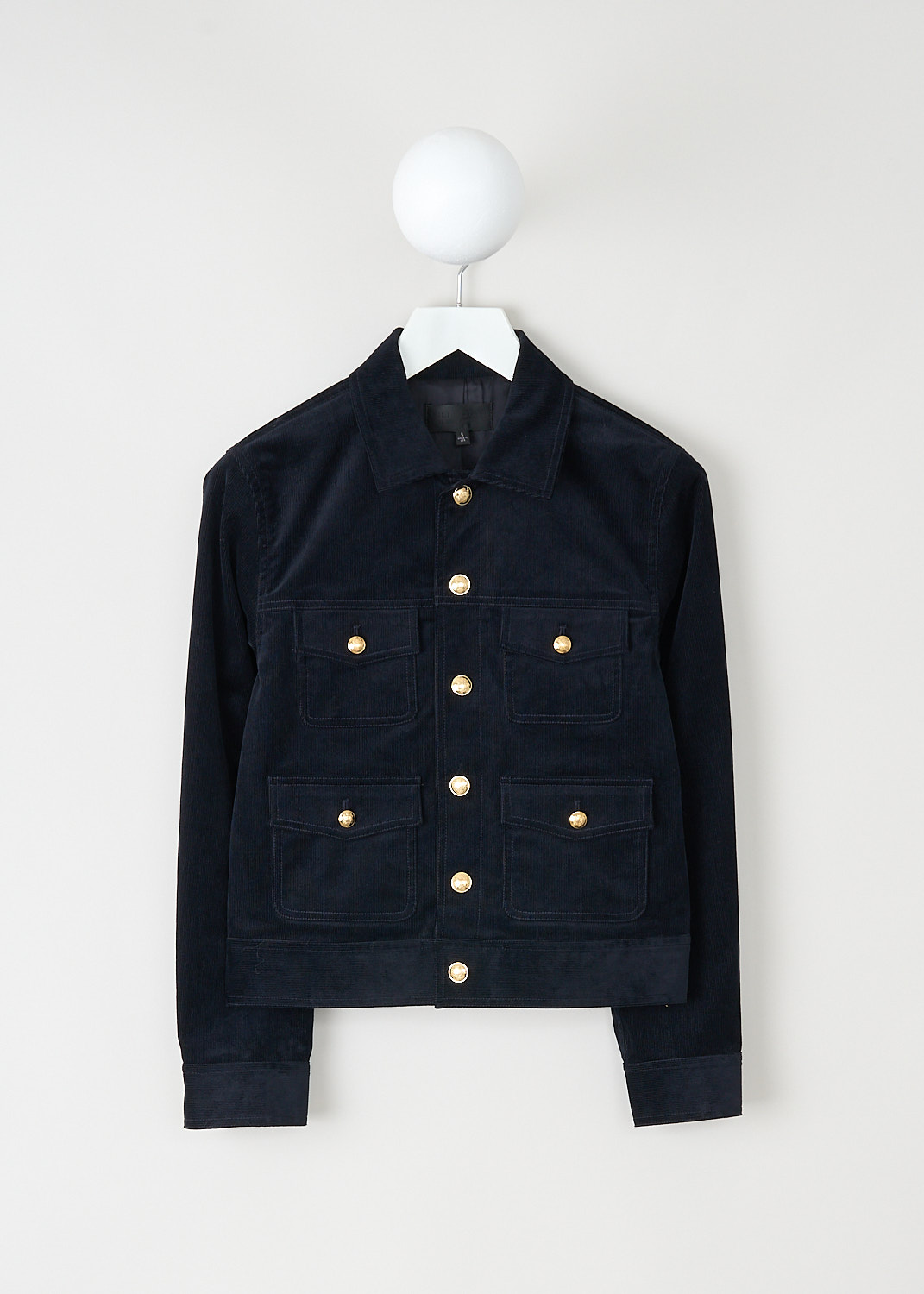 Nili Lotan, Midnight blue Lizeth jacket, LIZETH_JACKET_12674_W1530_MDT, Blue, Front, This ribbed Midnight blue Lizeth jacket has a spread collar and a front button closure with gold-tone buttons. The long sleeves have buttoned cuffs. On the front, the jacket has four flap patch pockets,, all with those some gold-tone buttons. In the back, the jacket has adjustable button tabs.
