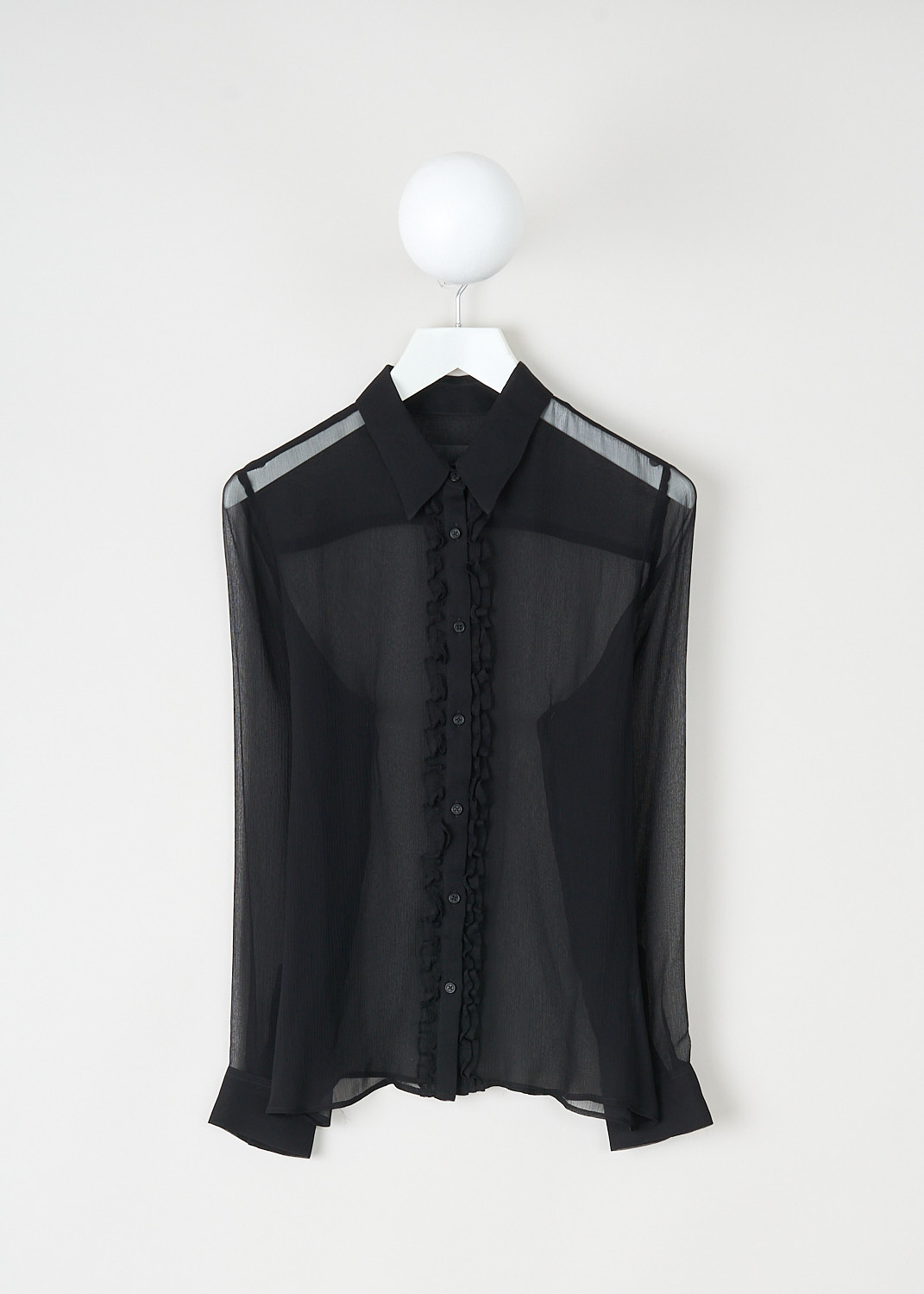 Nili Lotan, Kris see-through silk shirt in black, KRIS_SILK_SHIRT_12962_W1681_BLACK, Black, Front, This Kris see-through silk shirt in black has a classic collar and a front button closure. The button placket is decorated with ruffles. The long sleeves have buttoned cuffs.
