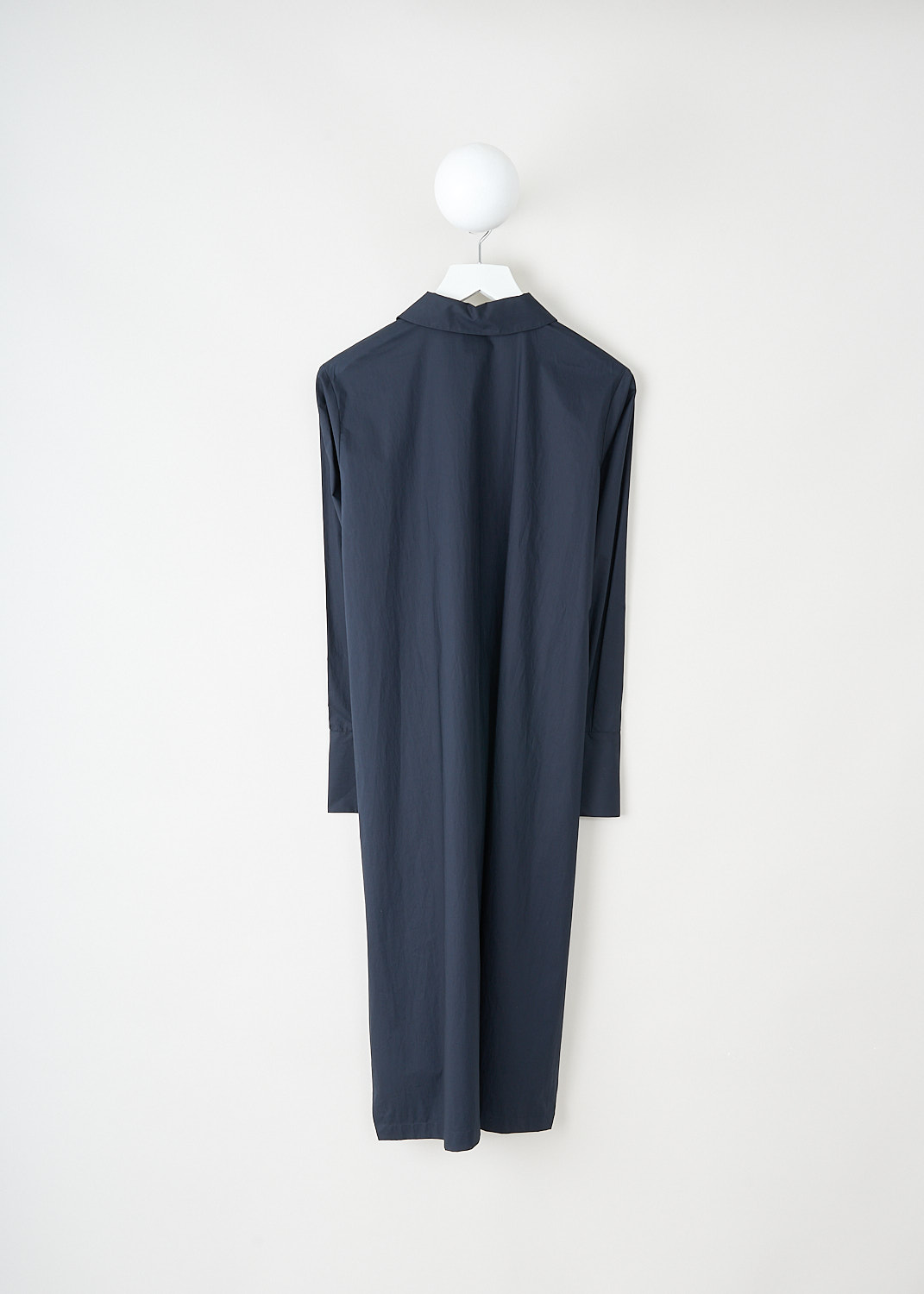 Plan C, Navy blue shirt dress with button detailing, ABCAF16K0_00TC063_00B97, Blue, Back, This navy blue shirt dress has a spread collar and a partial button placket down the front. The dress has long sleeves with buttoned cuffs.  The buttons along the side seams can be used to preference. Silver-tone buttons have been used throughout the dress. 

