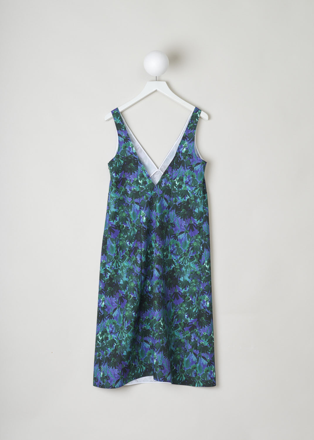 PLAN C, MULTICOLORED FLORAL SHIFT DRESS, ABCAA09NB8_TP069_FIV02_GREEN_CLOVER, Back, Front, This sleeveless midi dress has a shift style silhouette with a V-neckline. The dress has a multicolored floral print throughout. The dress has a concealed side zipper. 
