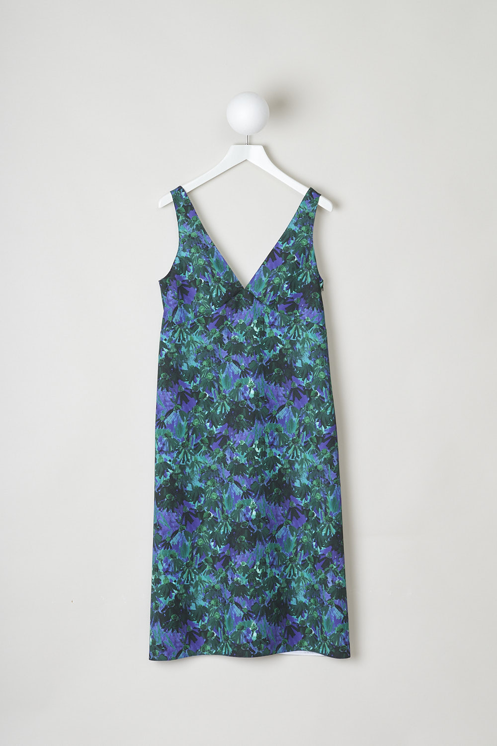 PLAN C, MULTICOLORED FLORAL SHIFT DRESS, ABCAA09NB8_TP069_FIV02_GREEN_CLOVER, Print, Front, This sleeveless midi dress has a shift style silhouette with a V-neckline. The dress has a multicolored floral print throughout. The dress has a concealed side zipper. 
