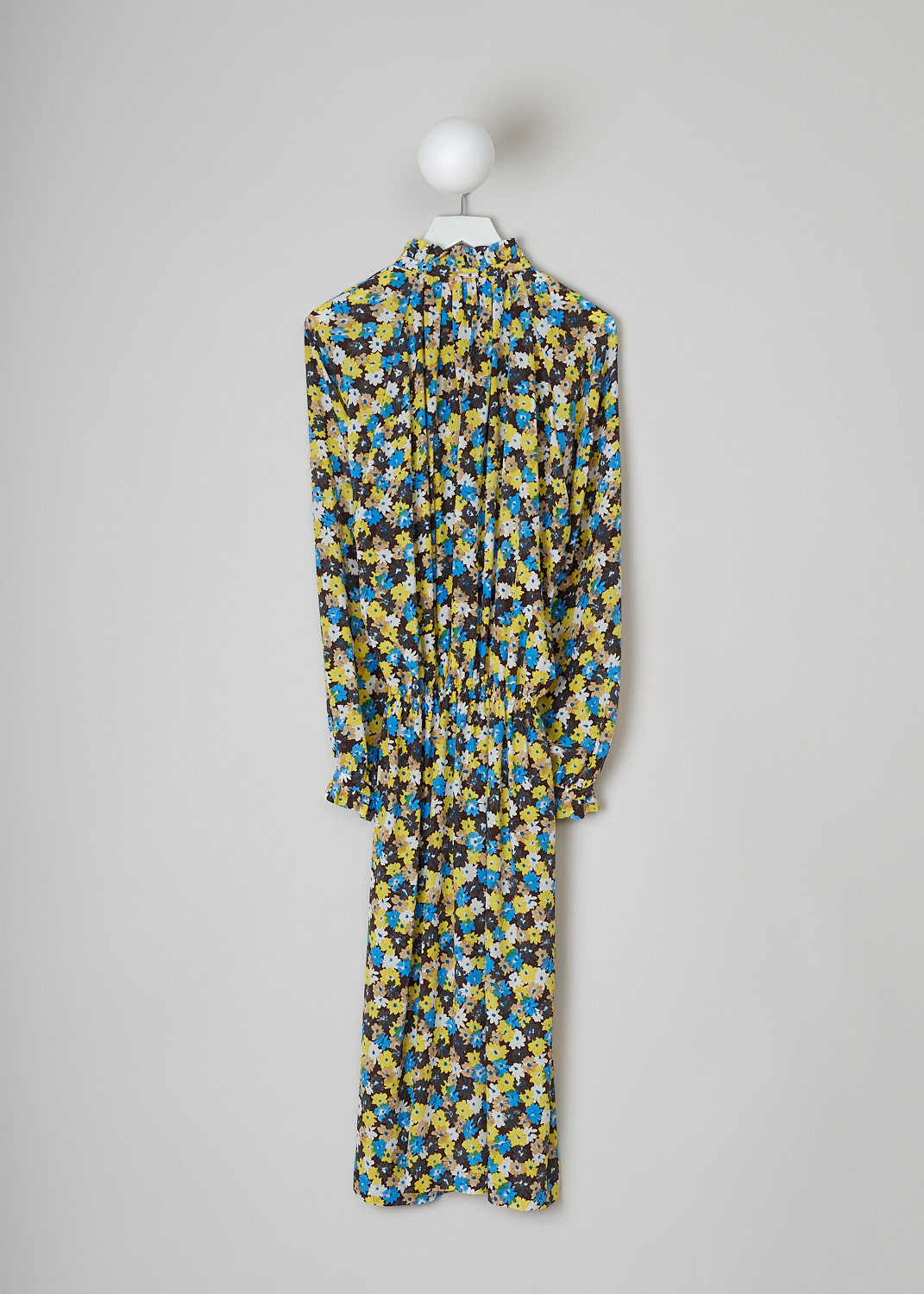 PLAN C, CR�PE DE CHINE DAISY BOUQUET MIDI DRESS, ABCAD51K00_TS011_FIY04, Yellow, Print, Blue, Back, This long sleeve Cr�pe de Chine dress has an all-over Daisy Bouquet print. The dress has a ruched mandarin collar with a partial button placket going down the front. That same ruching can be found on the buttoned cuffs. The dress has an elasticated waistline. The hemline is straight.  
