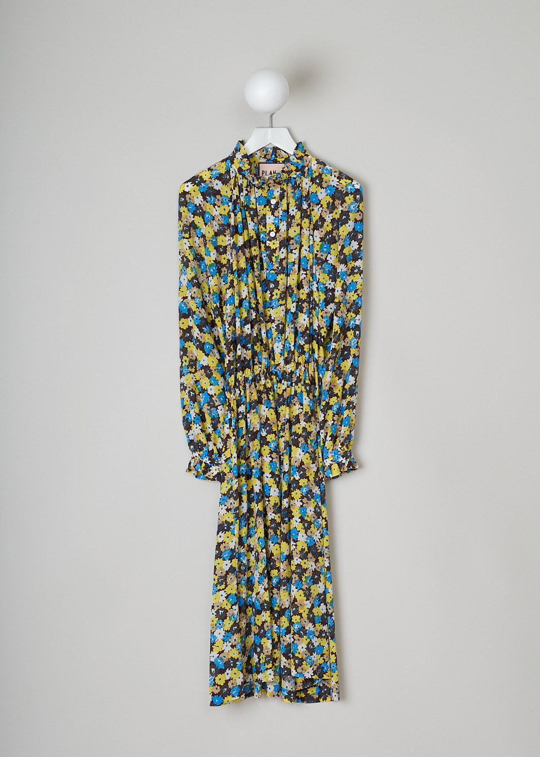 PLAN C, CR�PE DE CHINE DAISY BOUQUET MIDI DRESS, ABCAD51K00_TS011_FIY04, Yellow, Print, Blue, Front, This long sleeve Cr�pe de Chine dress has an all-over Daisy Bouquet print. The dress has a ruched mandarin collar with a partial button placket going down the front. That same ruching can be found on the buttoned cuffs. The dress has an elasticated waistline. The hemline is straight.  
