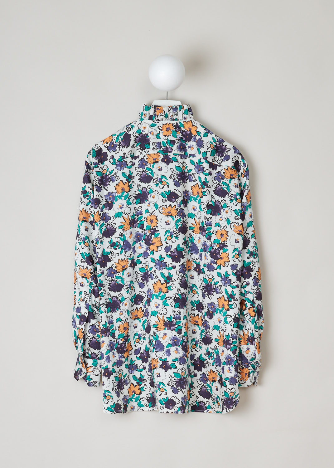 Plan C, Multicolor floral blouse, CMCAB56K08_TP060_FIW04_purple_flower_cream, Print, Purple, Orange, Back, This asymmetric blouse has a multicolored floral print. The blouse features a ruffled collar with pussy-bow detailing, a front button closure and a single breast pocket. The blouse has a high-low hem.