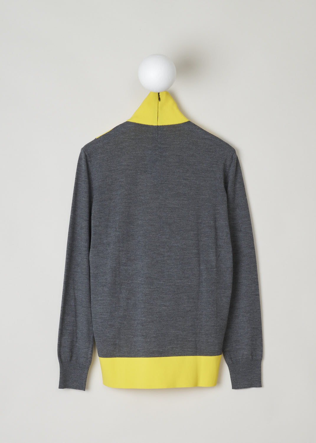 PLAN C, TWO-TONE TURTLENECK SWEATER, DVCMC51KG0_FW003_Z3050, Yellow, Grey, Back, Beautiful two-toned turtleneck. The long sleeves and back are grey and the front and neck are bright yellow. In the back of the neck, a concealed zipper can be found.