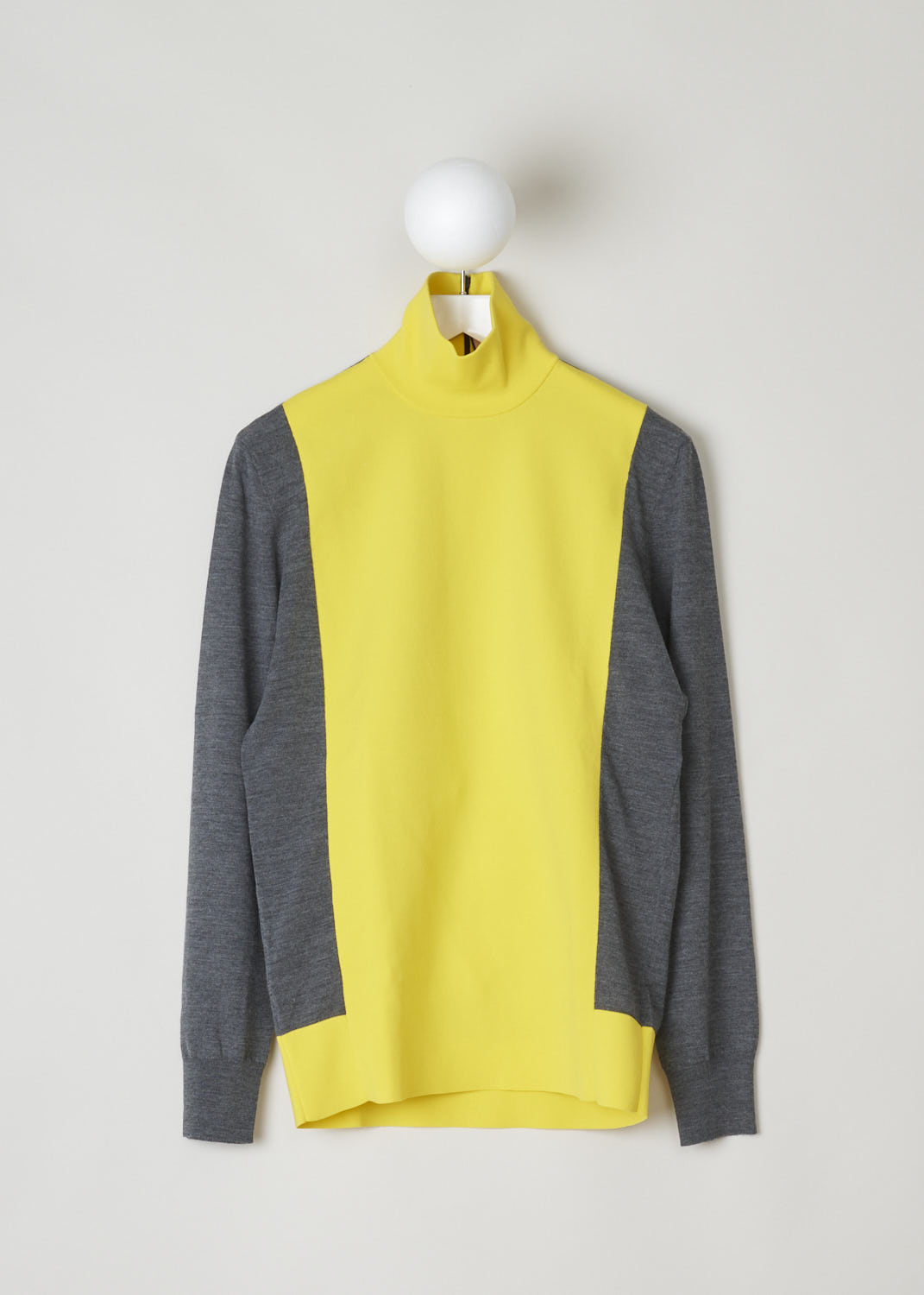 PLAN C, TWO-TONE TURTLENECK SWEATER, DVCMC51KG0_FW003_Z3050, Yellow, Grey, Front, This two-toned turtleneck has grey sleeves and a grey back. The front and neck are yellow. In the back of the neck, a concealed zipper can be found.