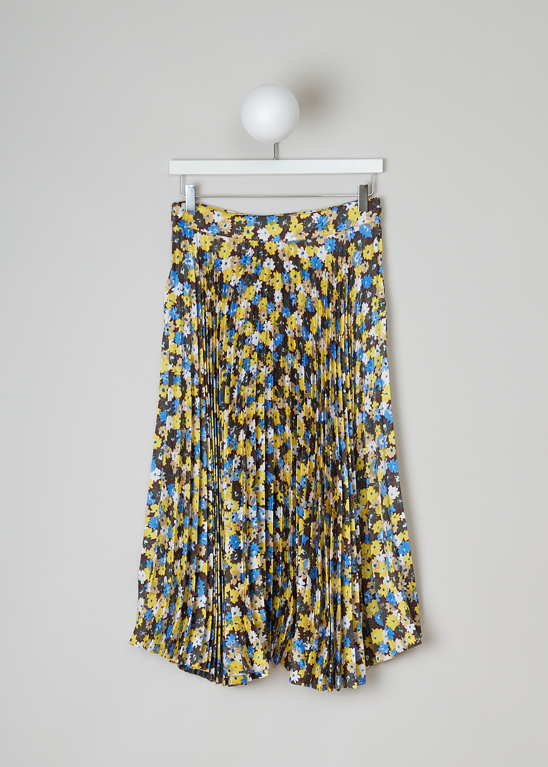 PLAN C, DAISY BOUQUET PLEATED SKIRT, GOCAB10EB0_TP084_FIY04, Yellow, Blue, Print, Back, This twill pleated midi skirt has an all-over multicolored Daisy Bouquet print. The skirt has a concealed side zip.        
