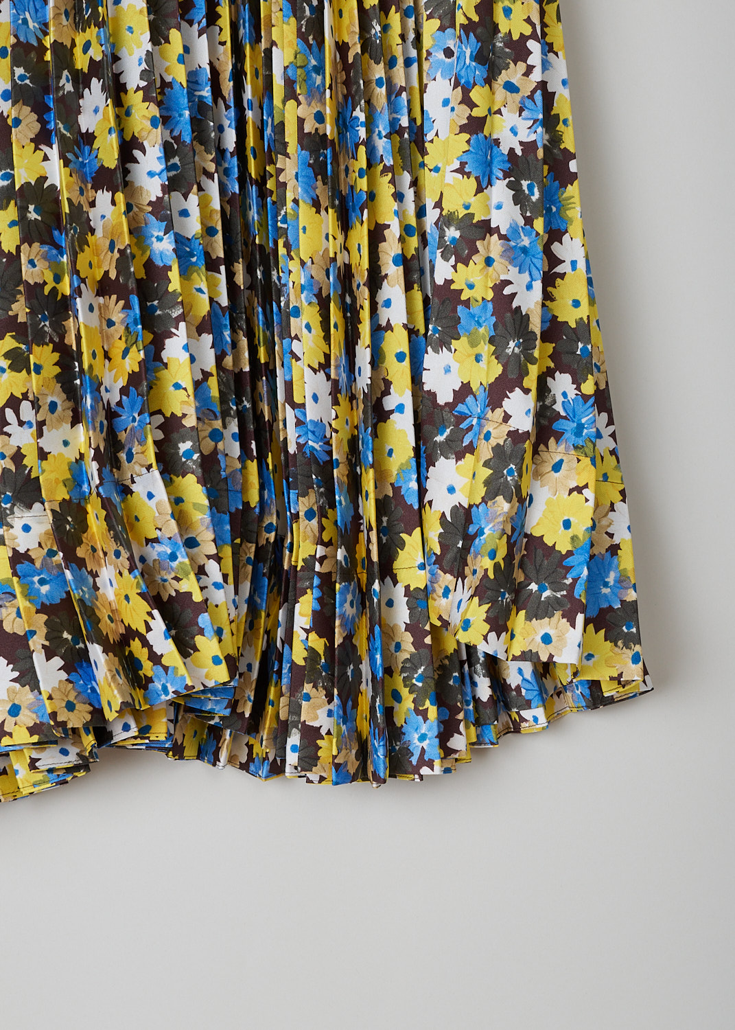 PLAN C, DAISY BOUQUET PLEATED SKIRT, GOCAB10EB0_TP084_FIY04, Yellow, Blue, Print, Detail, This twill pleated midi skirt has an all-over multicolored Daisy Bouquet print. The skirt has a concealed side zip.        
