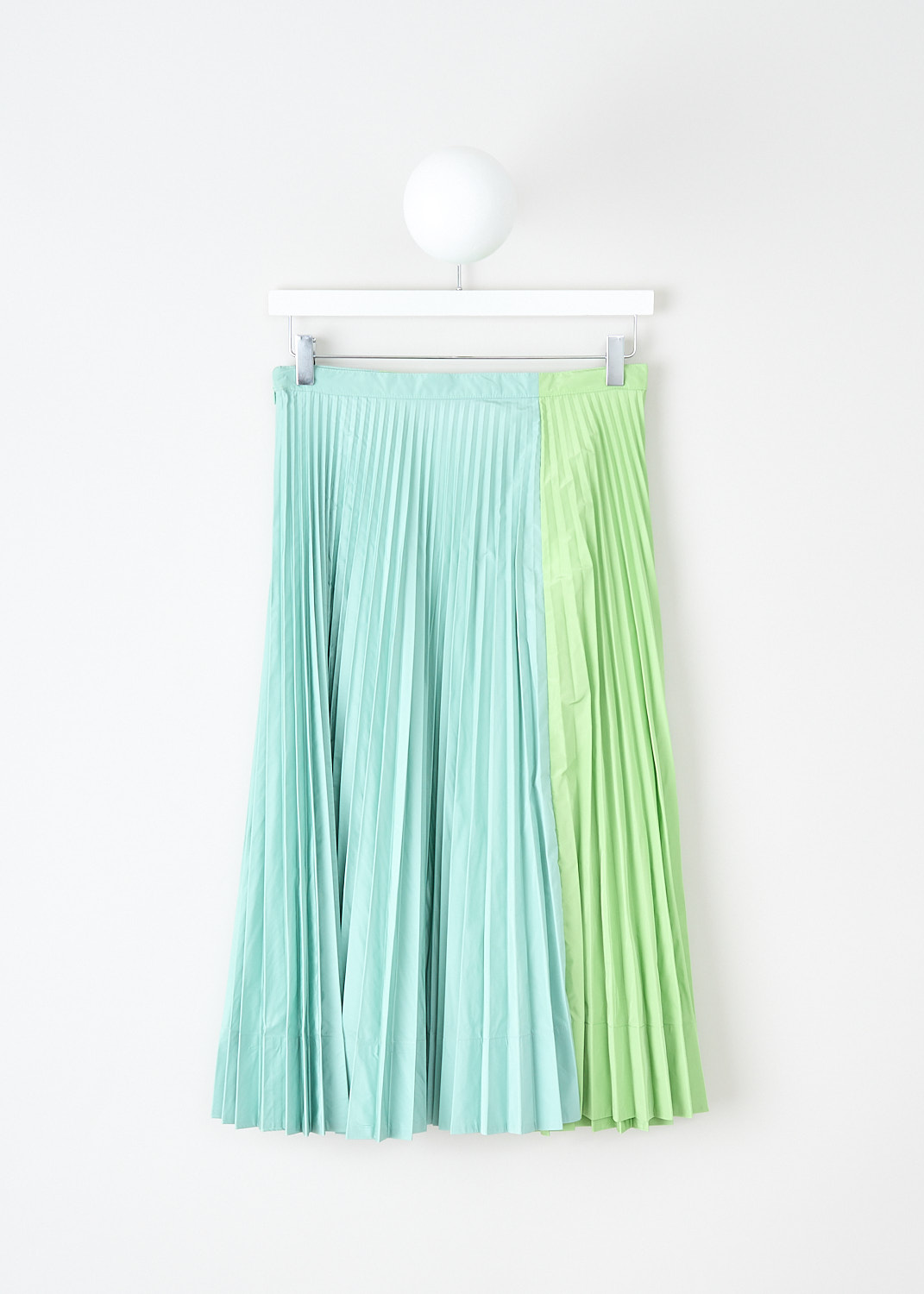 Plan C, Pistachio pleated midi skirt, GOCAB10GE0_TP076_00V25, Green, Back, This Pistachio midi skirt is pleated throughout. The bi-color skirt has a brighter green color and a more muted teal green color. A concealed side zip functions as the closure. 
