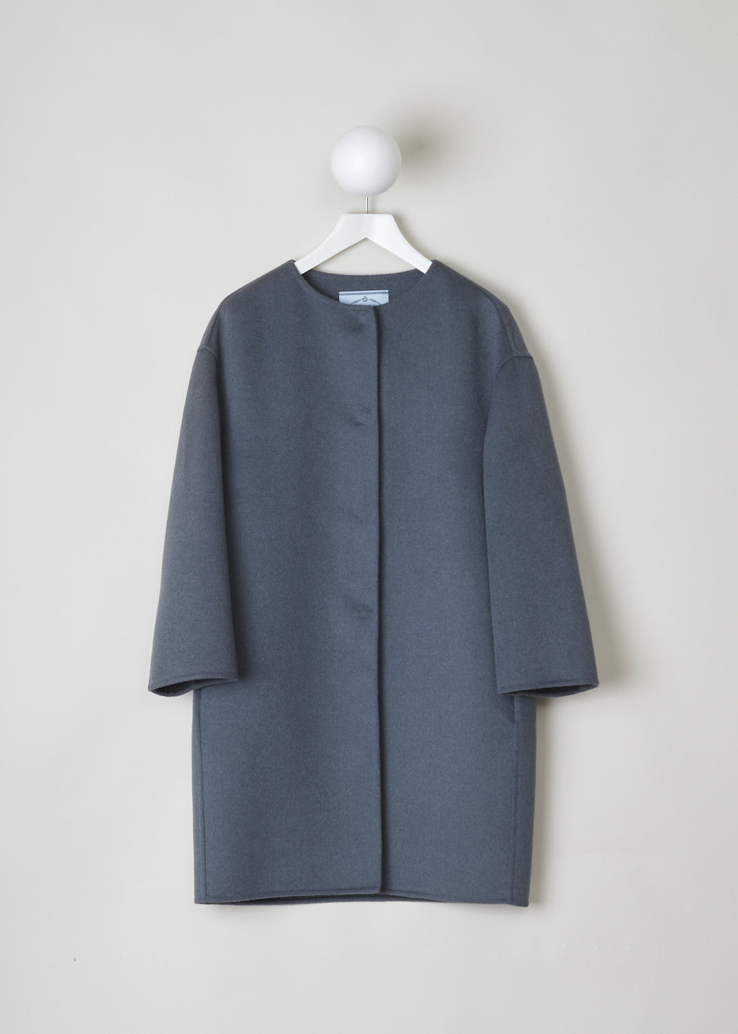 PRADA, GREY COLLARLESS COAT, CASH_GORA_P6734_FOE04_TITANIO, Grey, Front, Chic grey collarless coat. This sleek coat has a rounded neckline and a concealed front button closure. Slanted pockets can be found concealed in the seam on either side.