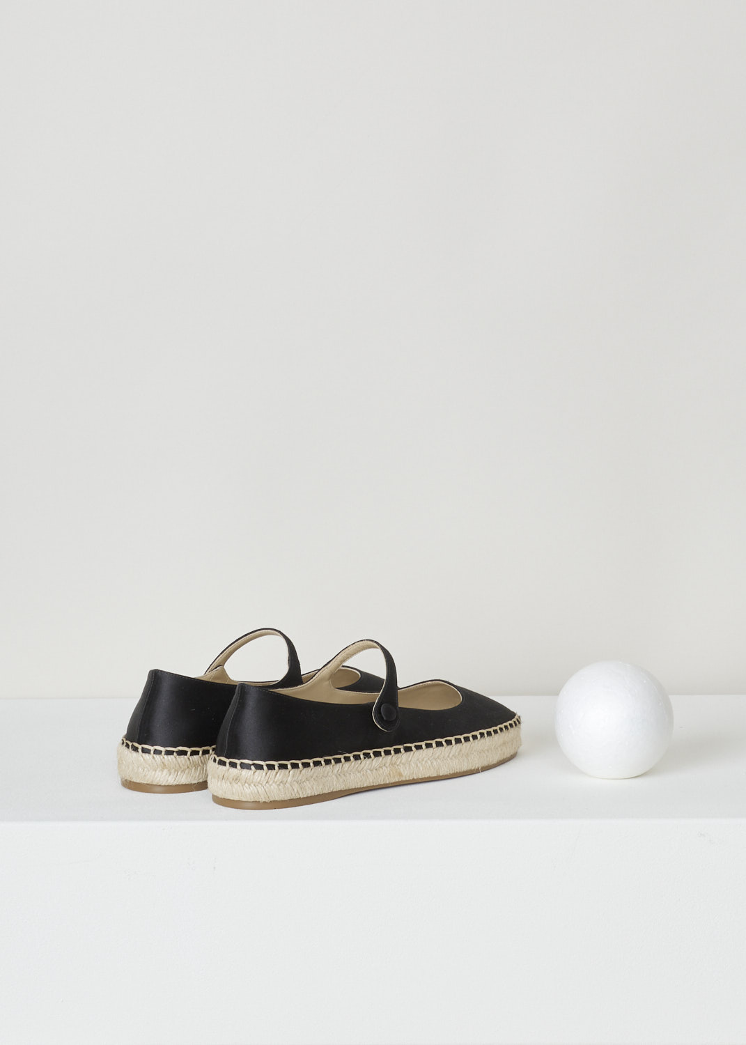 Prada, Flat black mary jane, raso_1F898L_nero_F0002, black beige, back, Black mary Jane flats are crafted from canvas with a slender top strap and has a chunky, jute-woven platform midsole.