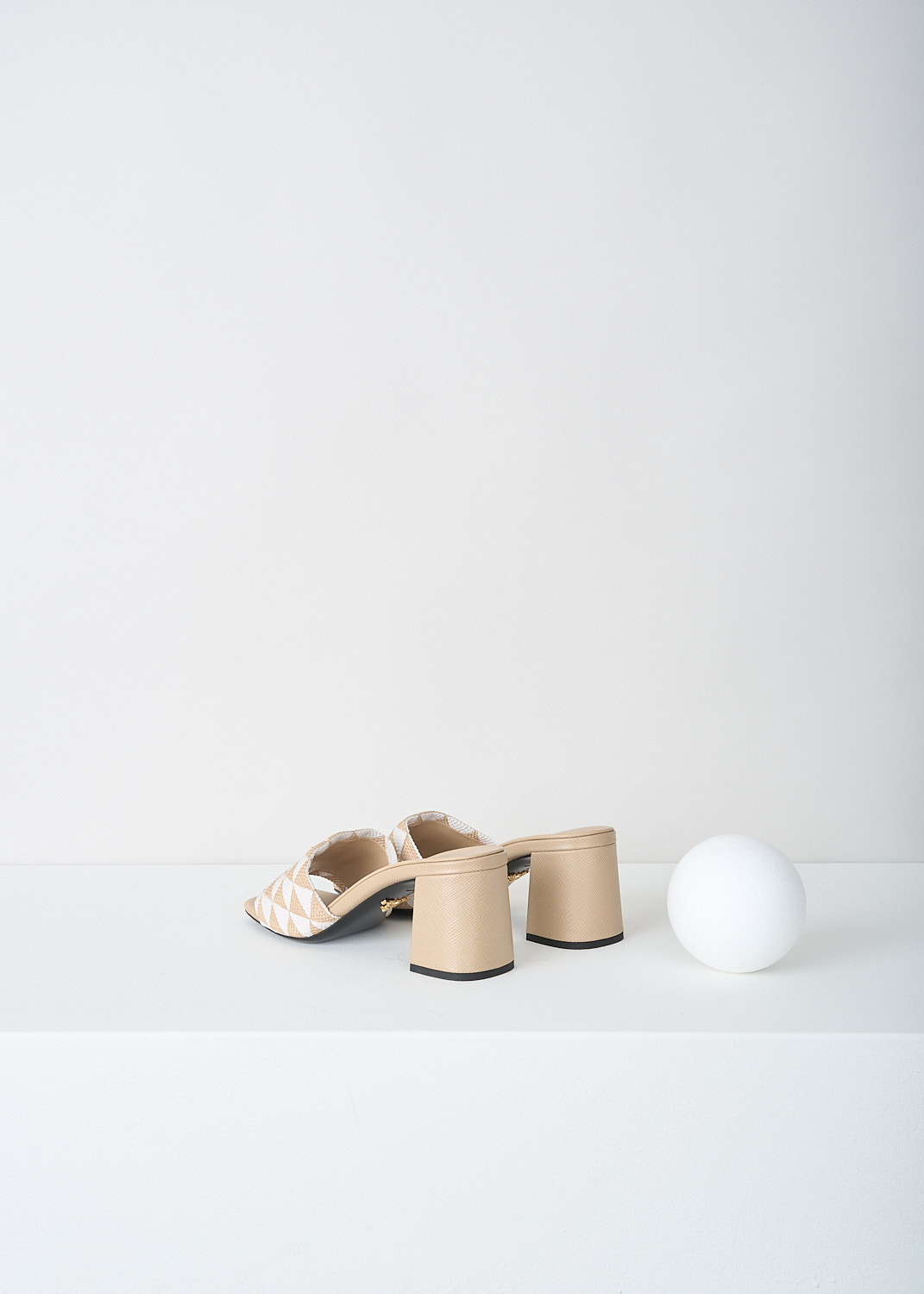 Prada, Beige-and-white triangolo mules, 3LK6_TRIANGOLO_JACQUARD_1XX637_F0J0A_CORDA_TALCO_065, Beigem, White, Print, Back, These slip-on mules have a broad strap with a beige-and-white triangolo jacquard print. On the strap, the brand's triangle logo can be found in gold-tone metal. 
