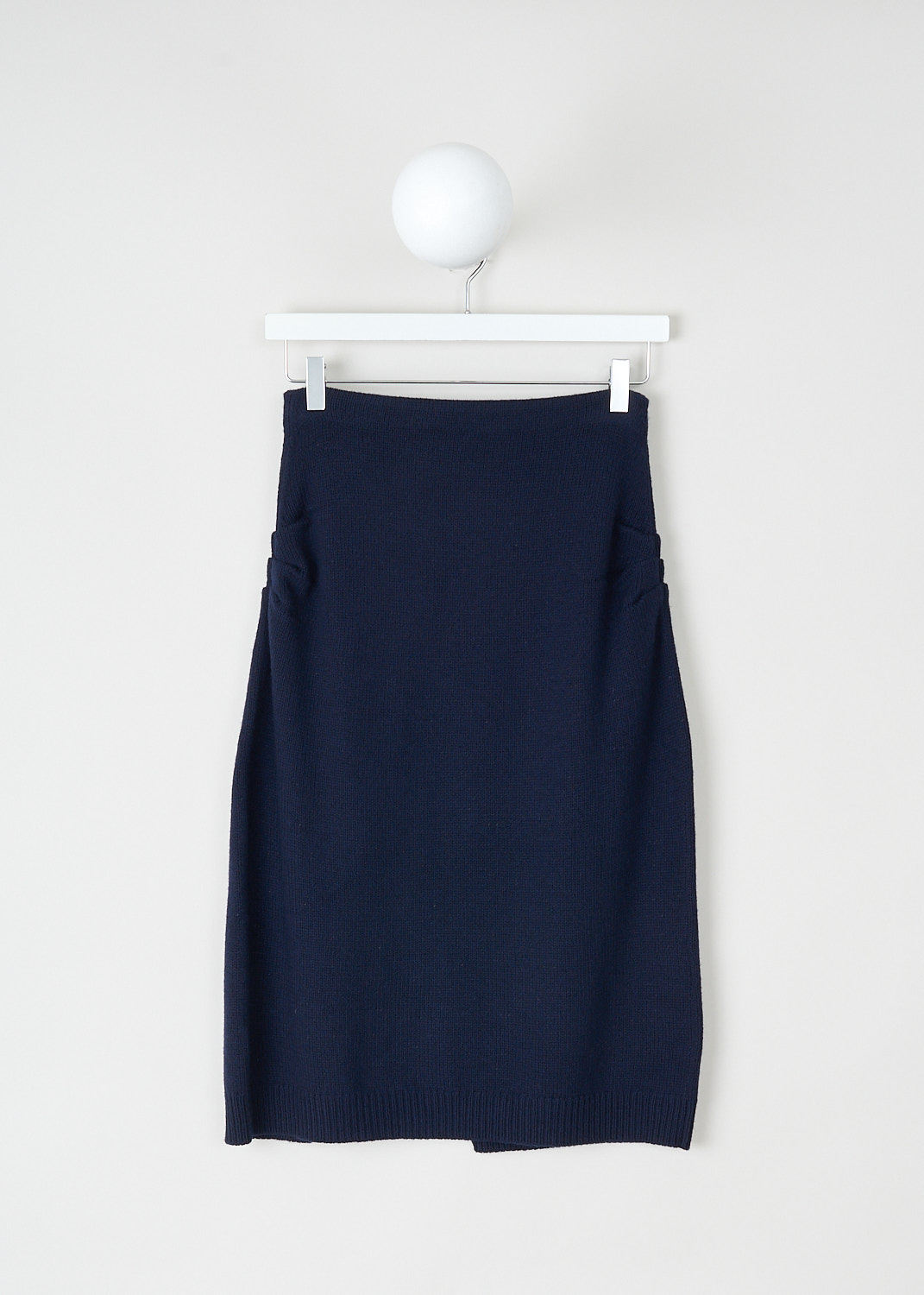 Prada, Midi wrap skirt with frumpled-look, 129O_CASHMERE_WOOL_F5_21435_F0008_BLEU, Blue, Back, This blue knit wrap skirt has an intentionally frumpled look. On the front, the skirt has two big circular press buttons. The skirt has a centre slit in the front. 

