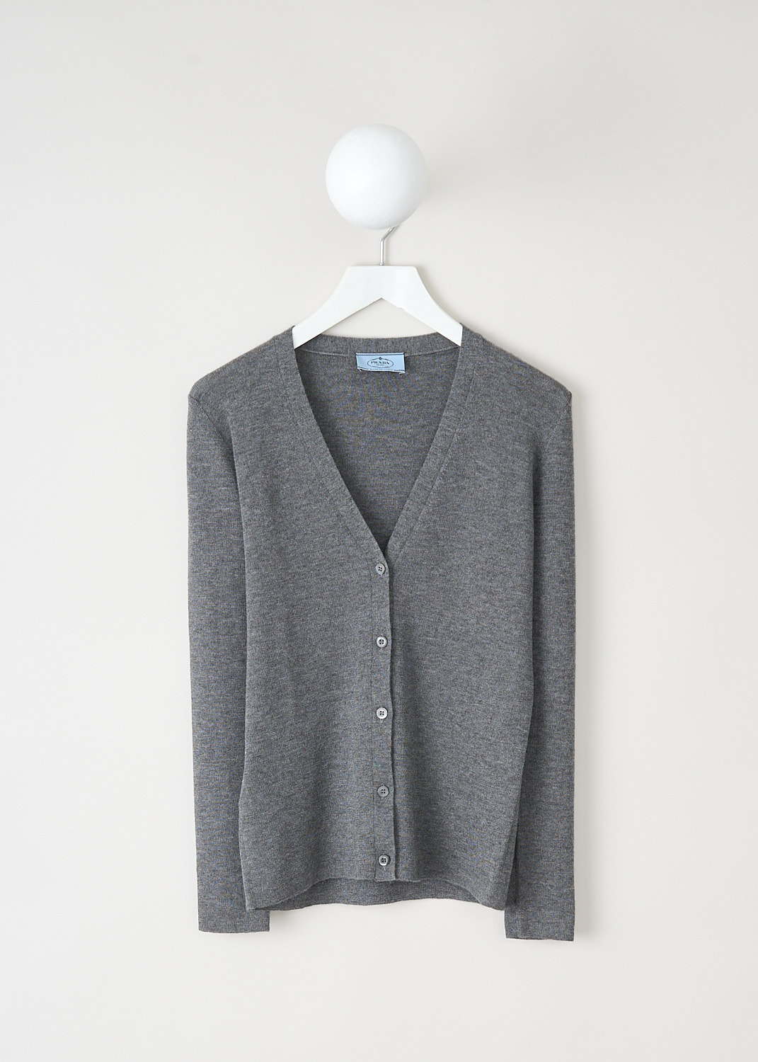 Prada, Grey cashmere cardigan, 25437_40J_F0031_GRIGIO, Grey, Front, This grey cashmere cardigan has a V-neckline and a front button closure. The long sleeves have straight hems. 
