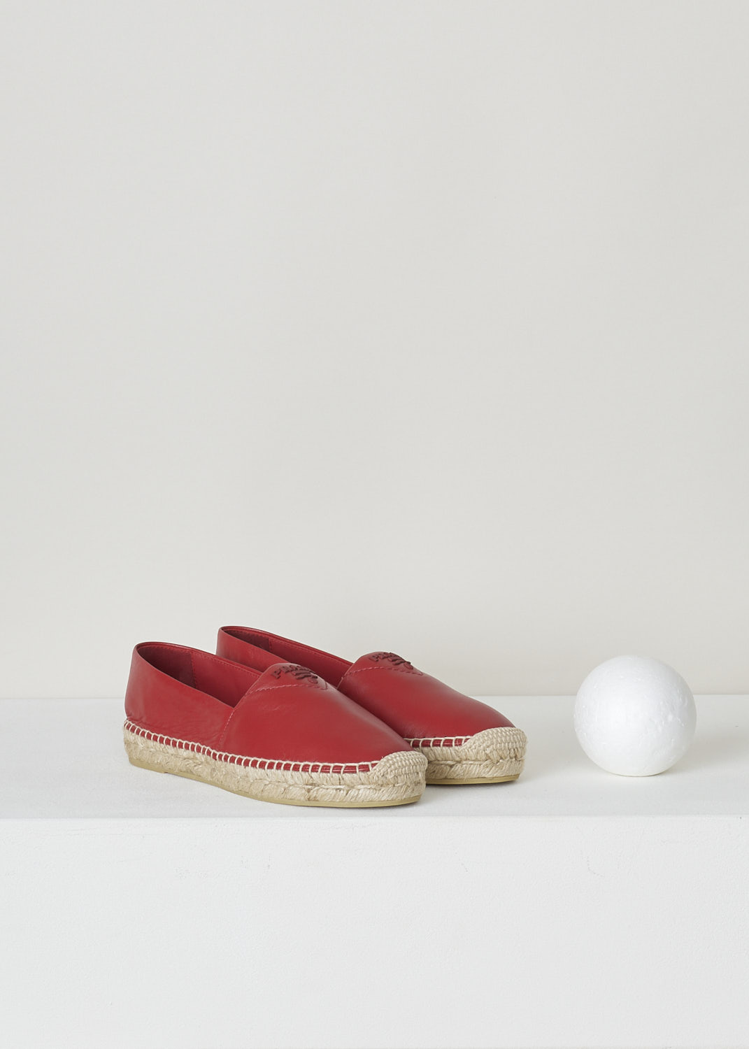 PRADA, RED LEATHER ESPADRILLES, NAPPA_1_1S871M_79N_F0011_ROSSO, Red, Front, These red, soft leather Espadrilles have a round toe that goes over into the braided jute soles. The brand's triangle logo can be found on the vamp in black.  
