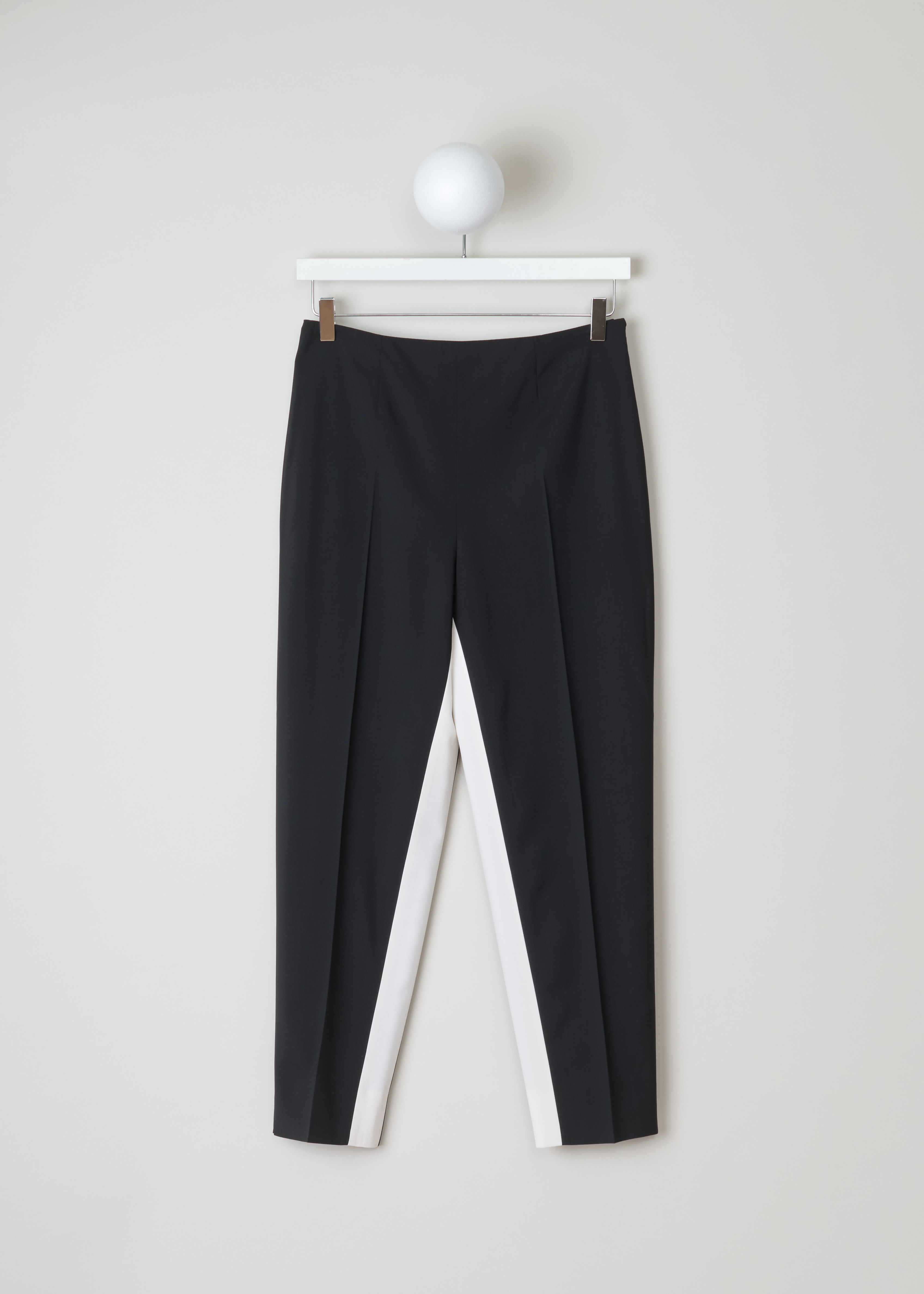 Prada, Black and white pants, Lana_Leggera_P2798_F0967_Nero_Bianco, Black, White, Front, These black pants have a white panel on the inside of the legs, centre creases and an invisible zipper on the side.