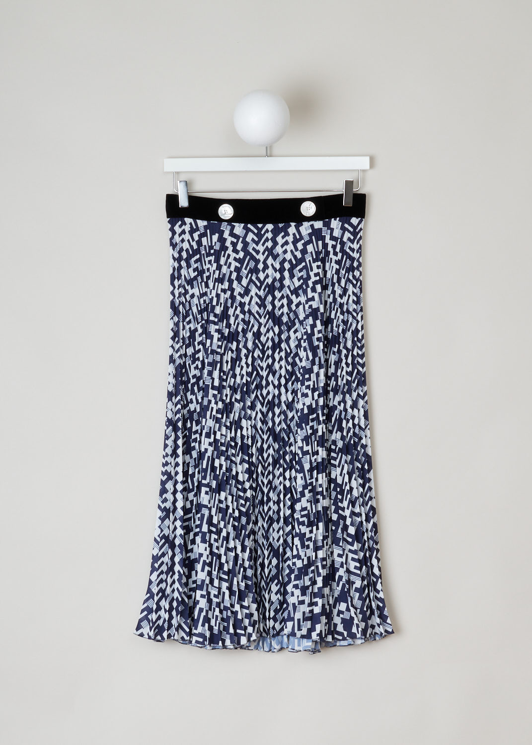 Prada, Geometric print skirt in blue and white, sable_leg_patte_P135R_F0216_baltico, blue, white, front, Geometric design with contrasting colors, which makes the print come to life. Featuring an accordion pleat model, and a waistband made from black velvet material with two ivory colored buttons. There is a concealed zipper on the back for fastening. 