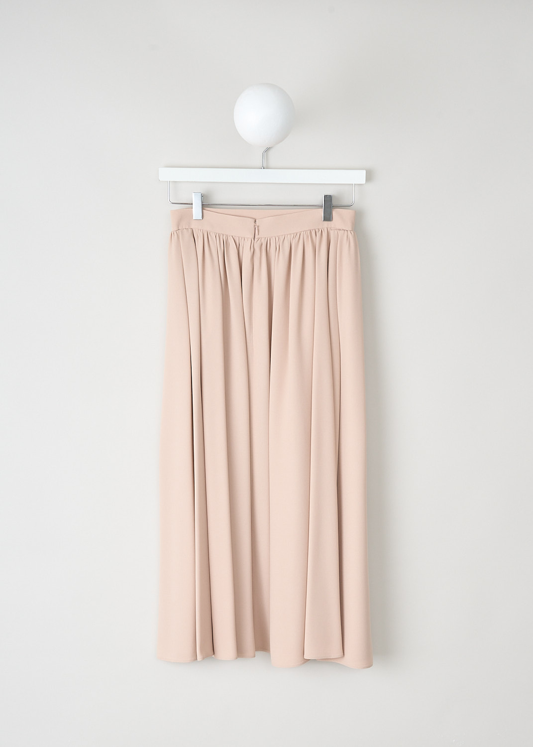 Prada, Dusky pink pleated midi skirt, S2Y_SABLE_RASO_P149S_F0236_CIPRIA, Pink, Back, This dusky pink pleated midi skirt has a concealed clasp-and-zip closure in the back.
