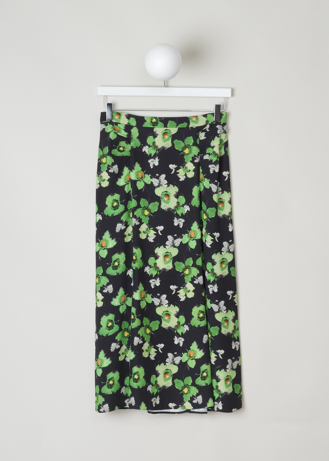 Prada, Black semi-circular skirt with green floral motif, sable_raso_narc_P152S_F077U_smeraldo, print, front, Starting from the top this mid-length skirt comes with a narrow waistband, with the fastening option being on the left side. The seams coming of the waistband are ruched and adds more excitement to this model. Furthermore, this model does flare out, and has a short split on the back.