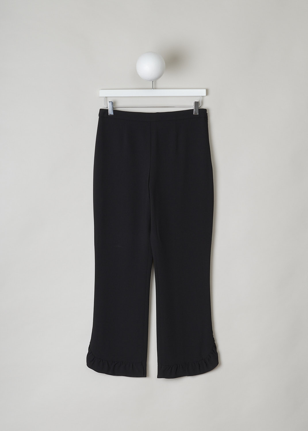PRADA, BLACK PANTS WITH FRILLS, P206C_92U_F0002_SABLE, Black, Front, These black crepe pants have a narrow waistband and a concealed side zip that functions as the closure option. The straight pant legs have a hemline with frills in the front.
