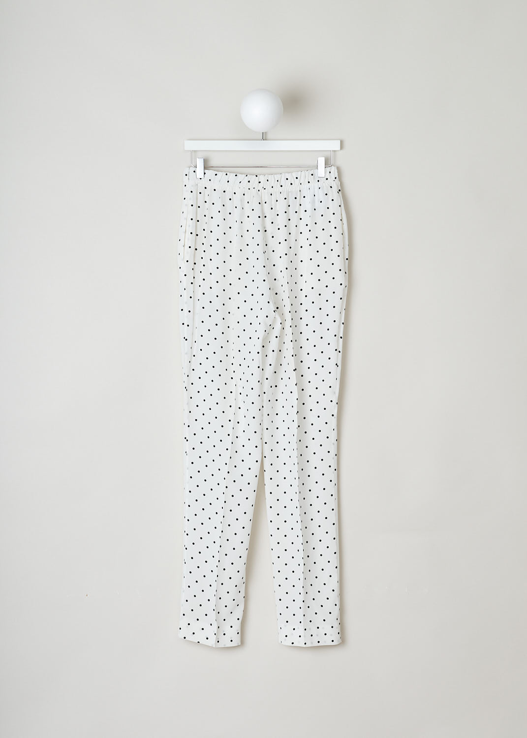 Prada, White silk polka-dot pants, CDC_POIS_P225EL_AVORIO_NERO, White, Print, Back, These semi see-though polka-dot print pants have a belted waist. A concealed side zip closure can be found along the seam. These pants have slanted pockets.
