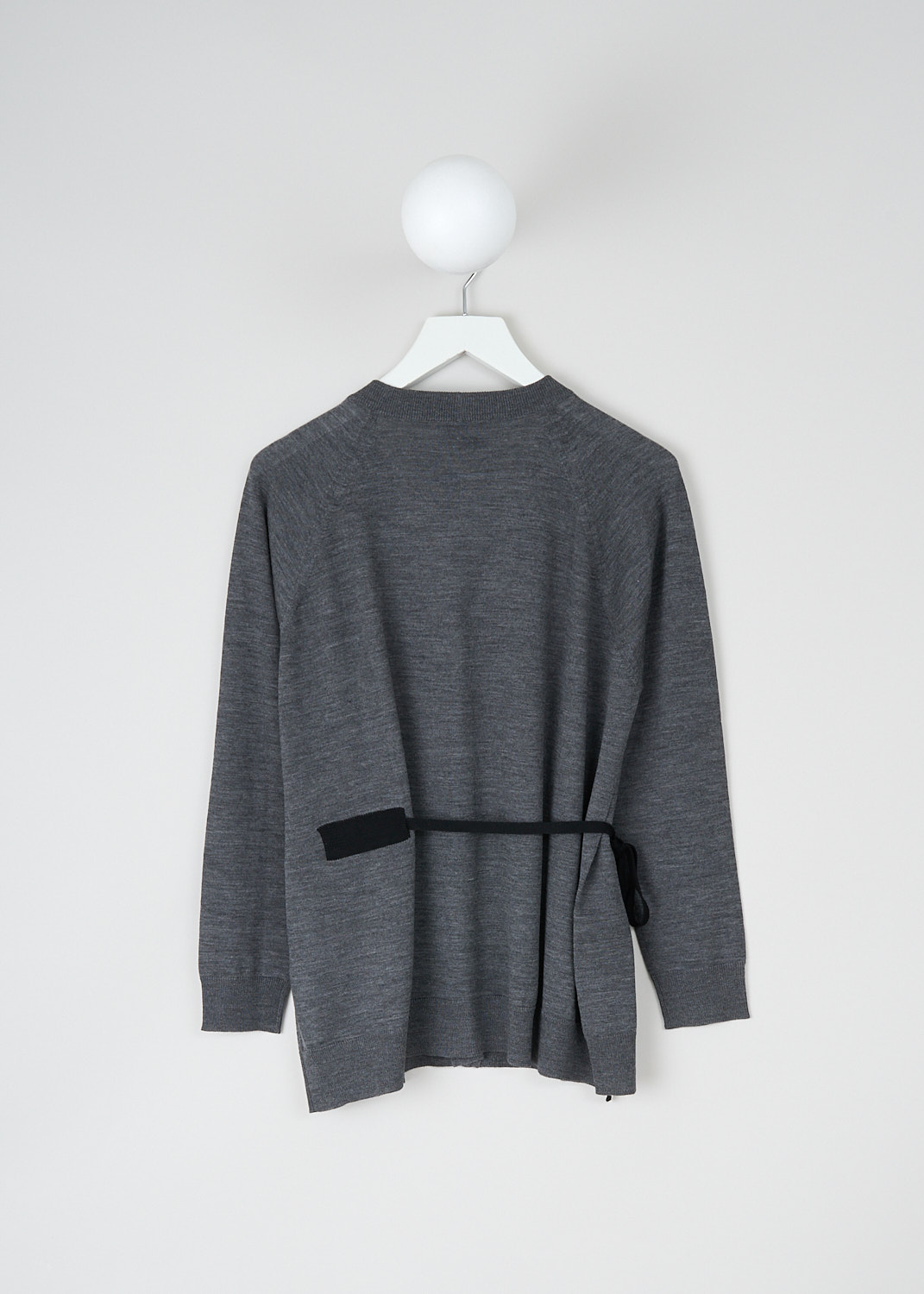 Prada, Grey V-neck cardigan with tie detail, P25E97_1NOR_F0480_ARDESIA, Grey, Back, This grey wool cardigan has a V-neckline and a front button closure. The long sleeves have ribbed cuffs. On the front, the cardigan has two patch pockets. A contrasting black tie can be used to cinch in the waist. 
