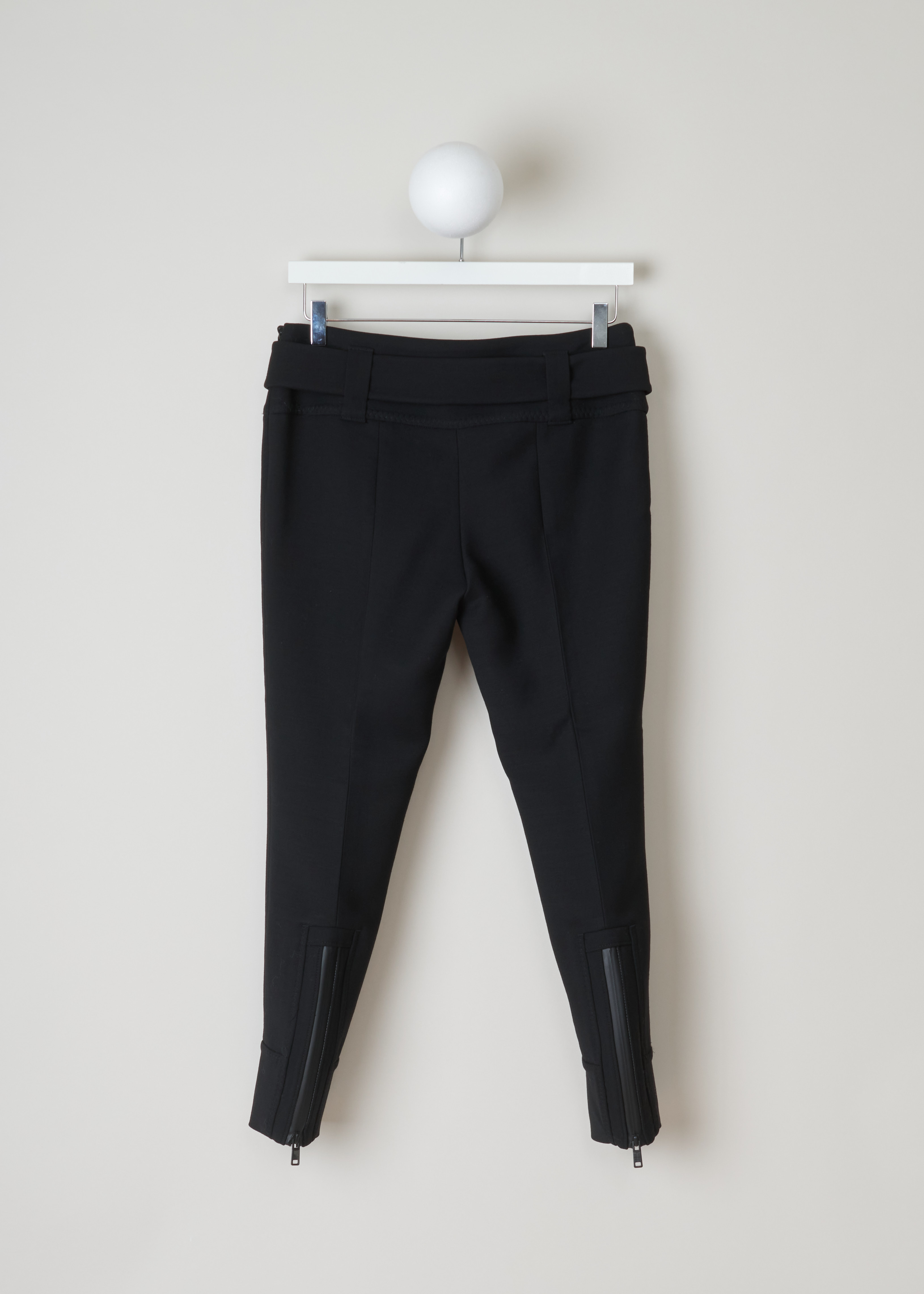 Prada Black belted trousers Natte_Double_Im_P271BH_F0002_Nero back. Fitted black trousers with a wide waistband with belt loops and a detachable belt in the same fabric, an invisible zipper fastening on the side, centre creases and cuffed hems.