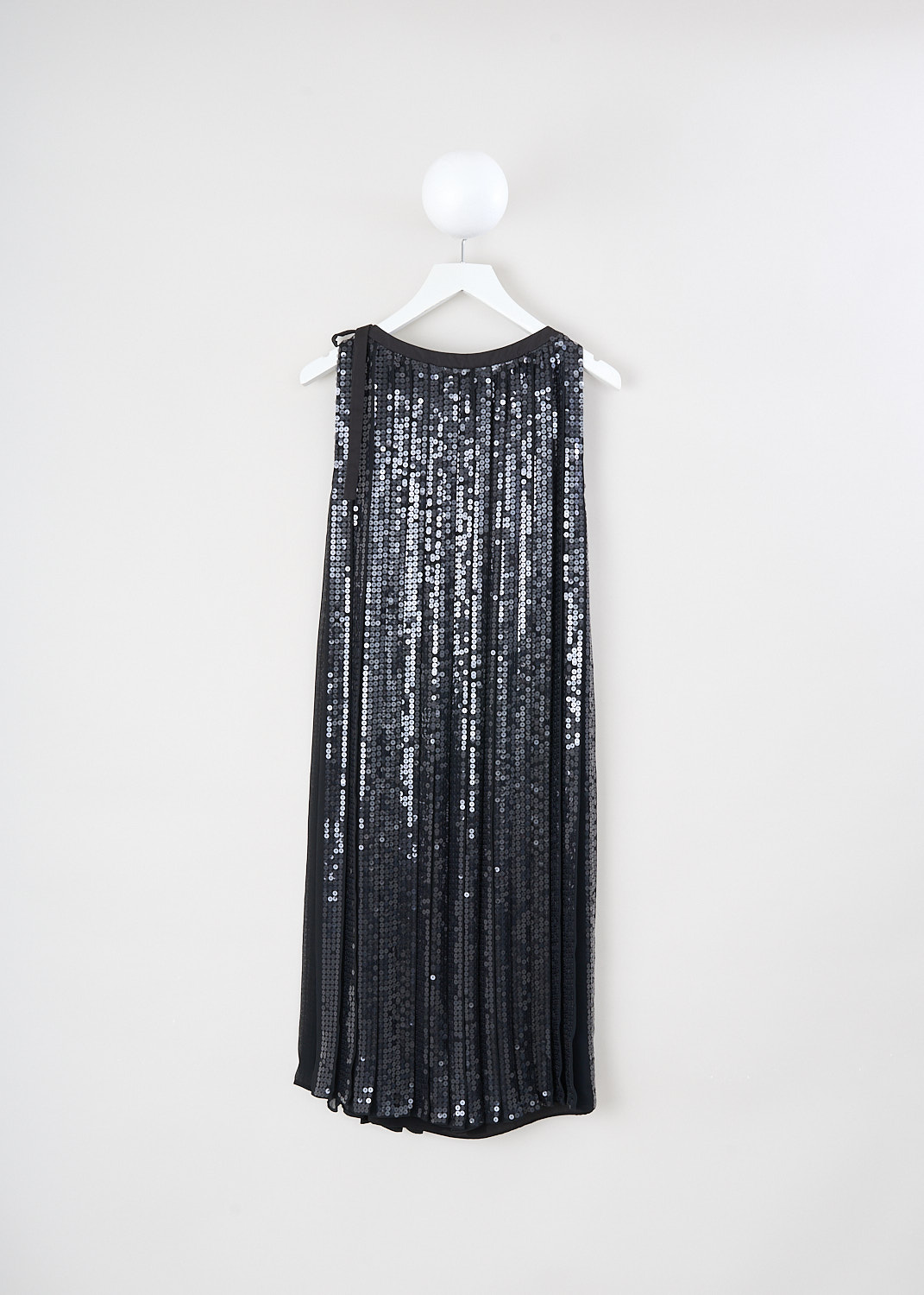 Prada, Black pleated sequin dress with bow, 1M4T_CHIFFON_PAILLET_P34L7R_F0002_NERO, Black, Back, This black sleeveless dress gas a boat neckline with, to one side, a bow-tie. The pleated chiffon dress is fully embellished with sequin. A concealed side zip functions as the closure. 
