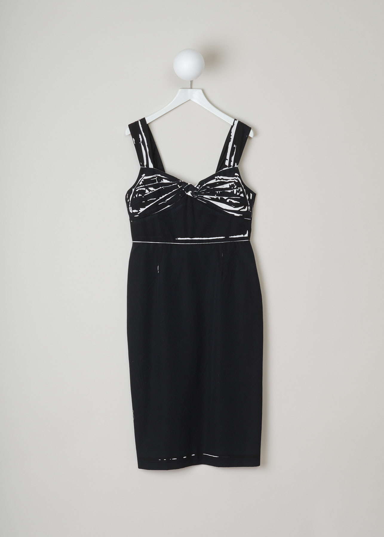 Prada, black dress trimmed with white, PopelineDivisa_P36L6_F0964_BiancoNero, black, front, An black knee long dress. low cut neckline, sleeveless with a concealed zipper on the back. The white trim gives the dress a playful look.