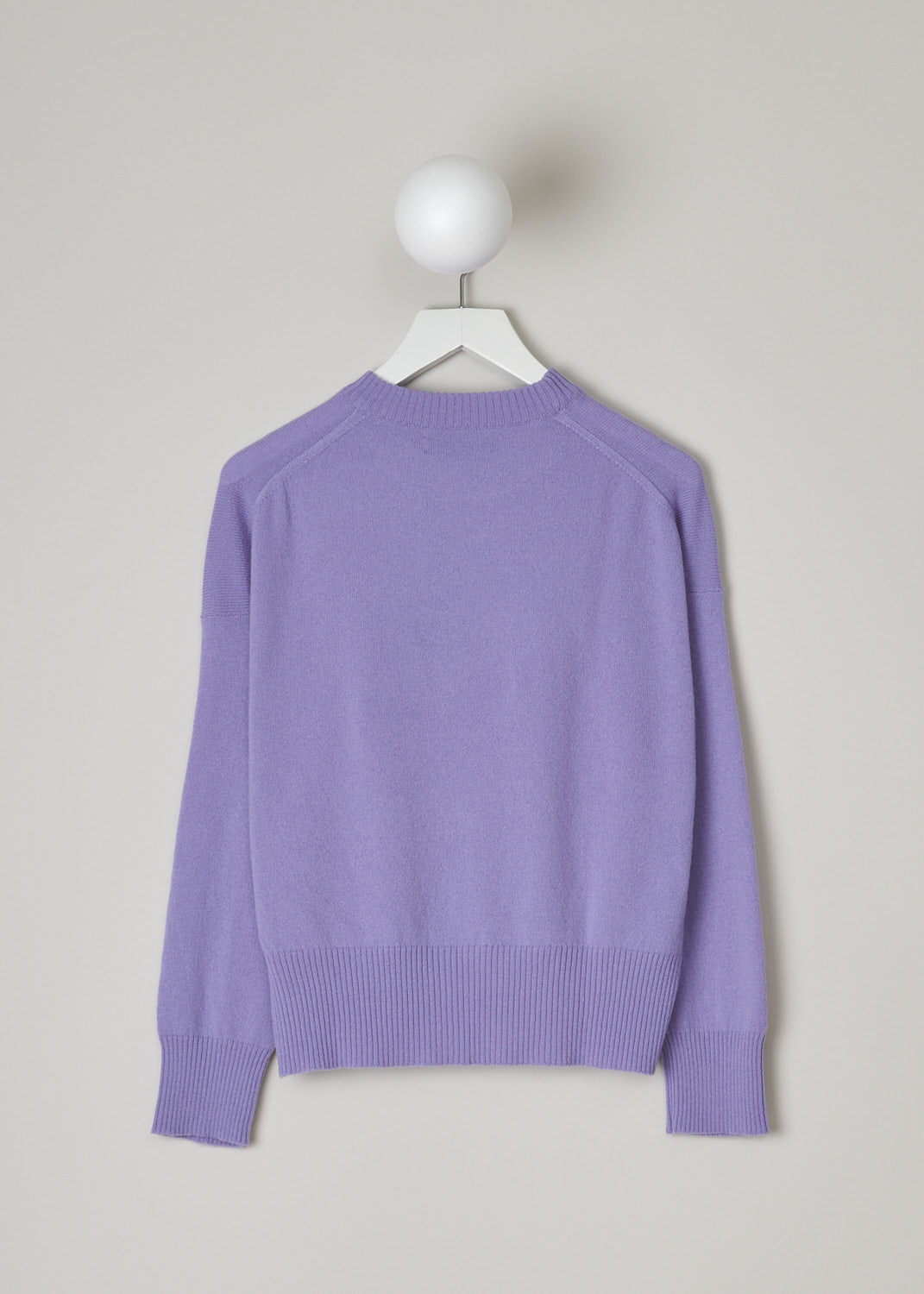 PRINGLE OF SCOTLAND, LAVENDER CASHMERE SWEATER, PWF819_2624_LAVENDER, Purple, Back, This lavender cashmere sweater had a ribbed round neckline. The cuffs and hemline have that same ribbed finish.  
