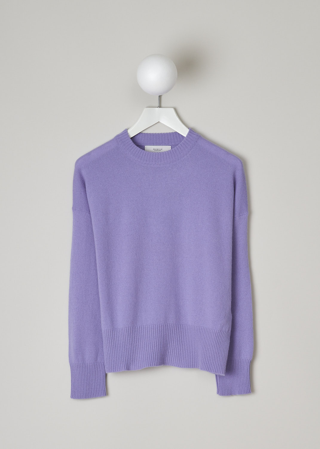PRINGLE OF SCOTLAND, LAVENDER CASHMERE SWEATER, PWF819_2624_LAVENDER, Purple, Front, This lavender cashmere sweater had a ribbed round neckline. The cuffs and hemline have that same ribbed finish.  
