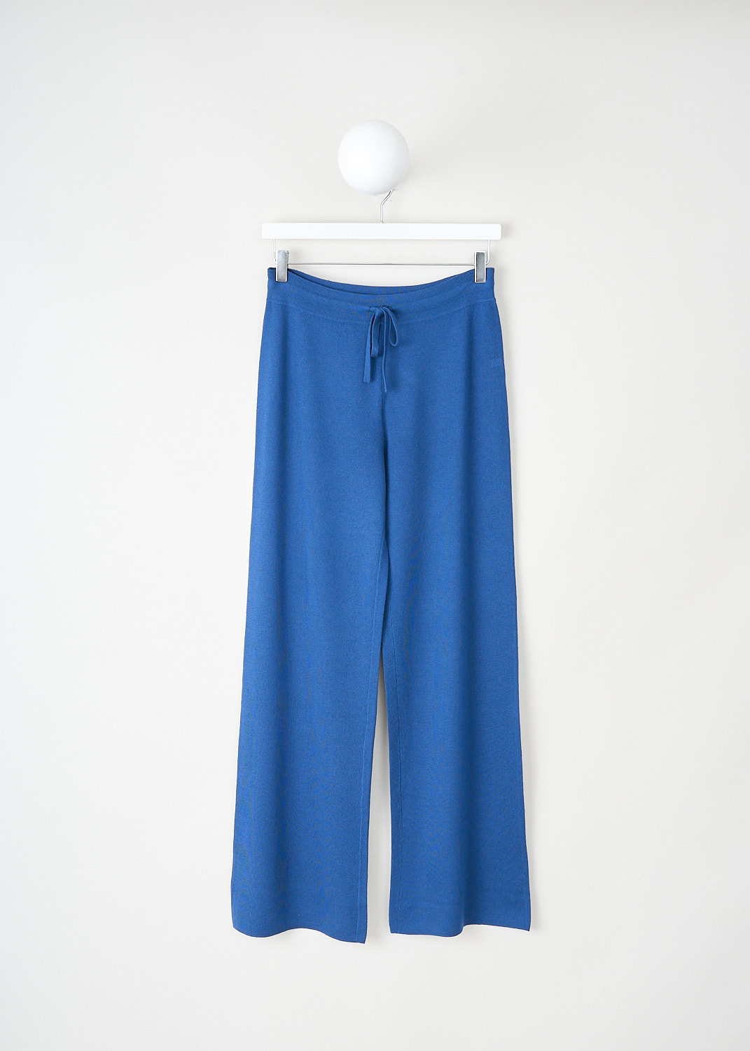 Pringle of Scotland, Blue merino wool pants, WPD007_2893, Blue, Front, These blue merino wool pants have an elasticated waistband with a drawstring to cinch in the waist. These pants have slightly flared pants legs.
