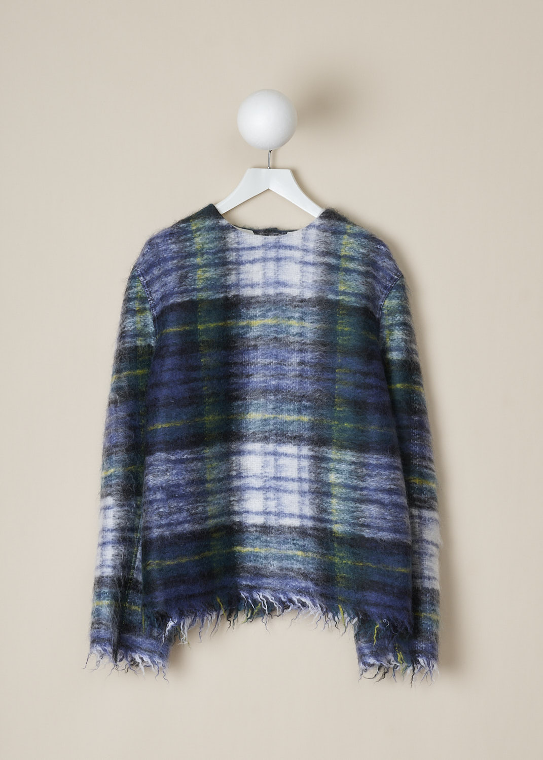 SOFIE Dâ€™HOORE, GREEN TARTAN BING TOP, BING_WOMO_GREEN_TARTAN, Green, Blue, Print, Front, This green tartan mohair-blend Bing top has a round neckline and long sleeves. Slanted pockets are concealed in the side seams. The sleeves and hemline have a raw finish. In the back, the top has a snap button closure. The top is fully lined. 
