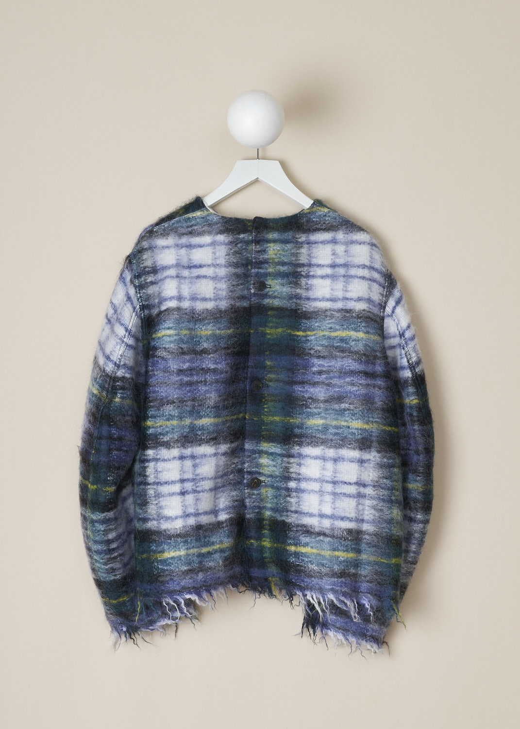 SOFIE Dâ€™HOORE, GREEN TARTAN BING TOP, BING_WOMO_GREEN_TARTAN, Green, Blue, Print, Back, This green tartan mohair-blend Bing top has a round neckline and long sleeves. Slanted pockets are concealed in the side seams. The sleeves and hemline have a raw finish. In the back, the top has a snap button closure. The top is fully lined. 
