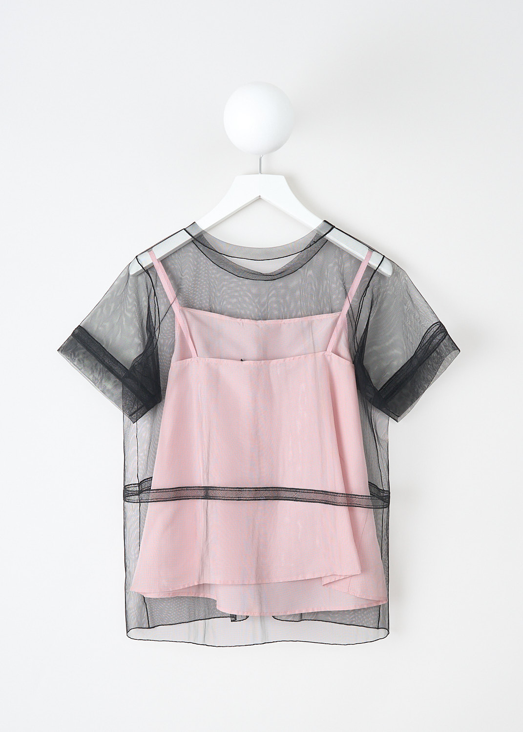 Sofie d'Hoore, Black mesh Birdie top, BIRDIE_NYCE_02_BLACK, Black, Pink, Back, This black tulle Birdie top has a round neckline and short sleeves. The top has embroidered detailing on the bust and embroidered trims on the sleeves and along the waits. The sheer white tulle creates a layered look with the detachable pink camisole top. 
