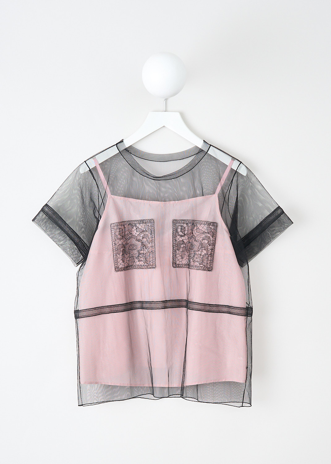 Sofie d'Hoore, Black mesh Birdie top, BIRDIE_NYCE_02_BLACK, Black, Pink, Front, This black tulle Birdie top has a round neckline and short sleeves. The top has embroidered detailing on the bust and embroidered trims on the sleeves and along the waits. The sheer white tulle creates a layered look with the detachable pink camisole top. 
