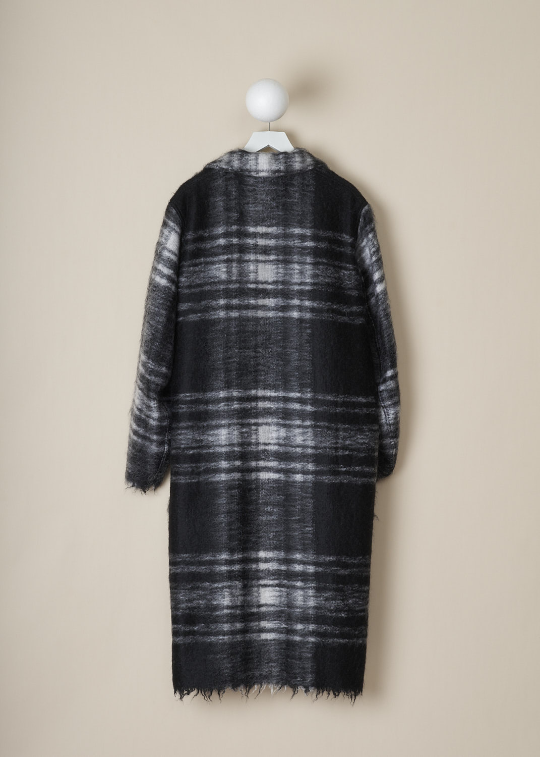 SOFIE Dâ€™HOORE, LONG BLACK AND WHITE TARTAN CAY COAT, CAY_WOMO_BLACK_TARTAN, Black, White, Print, Back, This long black and white tartan Cay coat has a spread collar and a front button closure. The long sleeves have slightly dropped shoulders and a raw edged cuff. In the front, the coat has on-seam slanted pockets. The coat has a straight raw edged hemline. The coat is fully lined and has a single inner pocket. 
