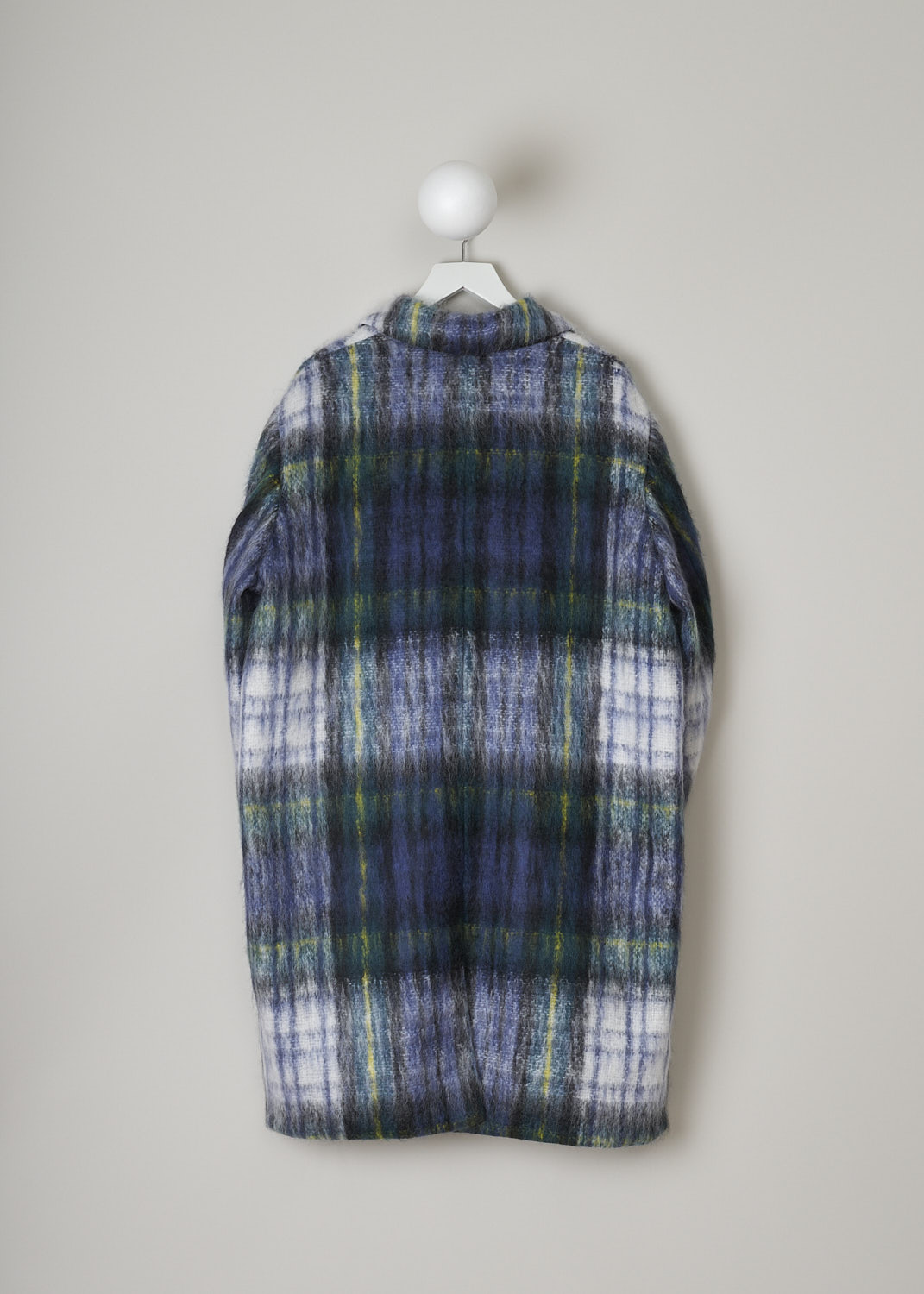 SOFIE Dâ€™HOORE, GREEN TARTAN CHERYL COAT, CHERYL_WOMO_GREEN_TARTAN, Green, Blue, Print, Back, This green tartan mohair-blend  Cheryl coat is single-breasted with a spread collar and a concealed front button closure. In the front, the coat has two flap welt pockets. A centre vent can be found in the back. The coat has an oversized fit and is fully lined. 