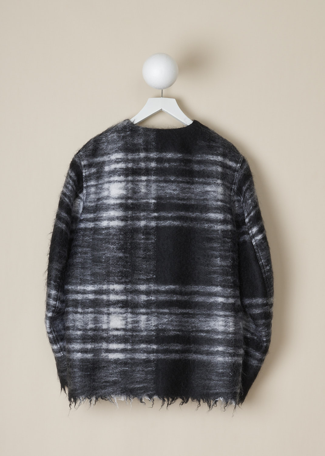 SOFIE D'HOORE, BLACK AND WHITE TARTAN CROFT JACKET, CROFT_WOMO_BLACK_TARTAN,  Black, White, Print, Back, This black-and-white tartan Croft jacket has a round neckline and an open front. In the front, the jacket had four big patch pockets. The long sleeves and hemline have a raw finish. The jacket is fully lined. 
