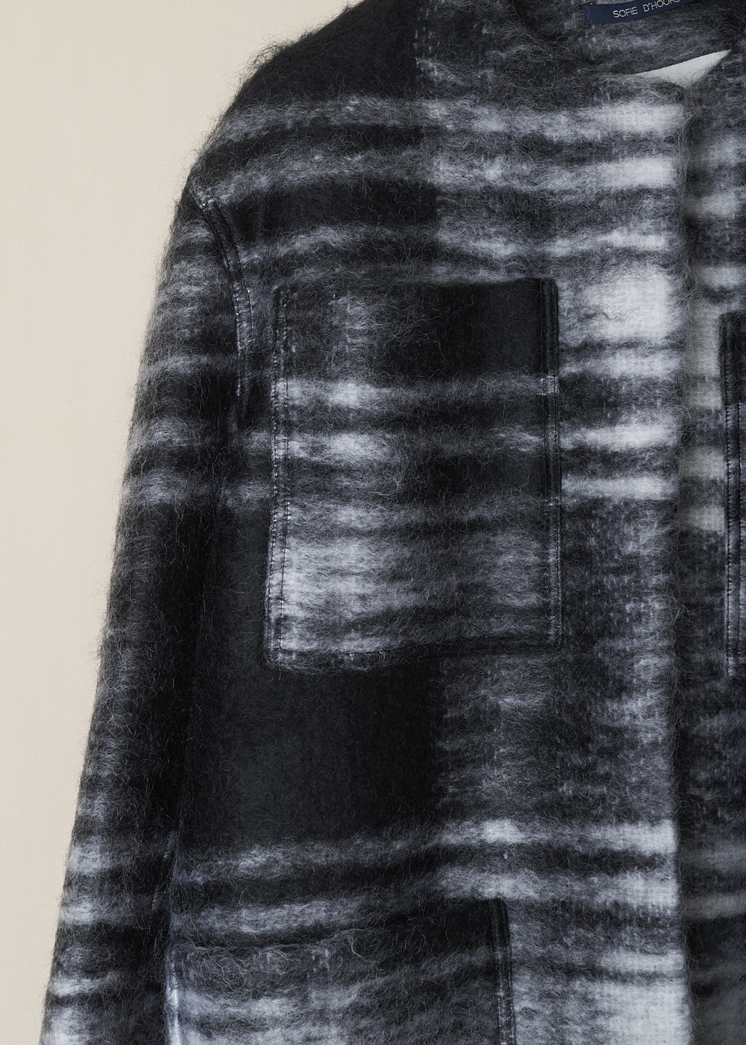 SOFIE D'HOORE, BLACK AND WHITE TARTAN CROFT JACKET, CROFT_WOMO_BLACK_TARTAN,  Black, White, Print, Detail, This black-and-white tartan Croft jacket has a round neckline and an open front. In the front, the jacket had four big patch pockets. The long sleeves and hemline have a raw finish. The jacket is fully lined. 
