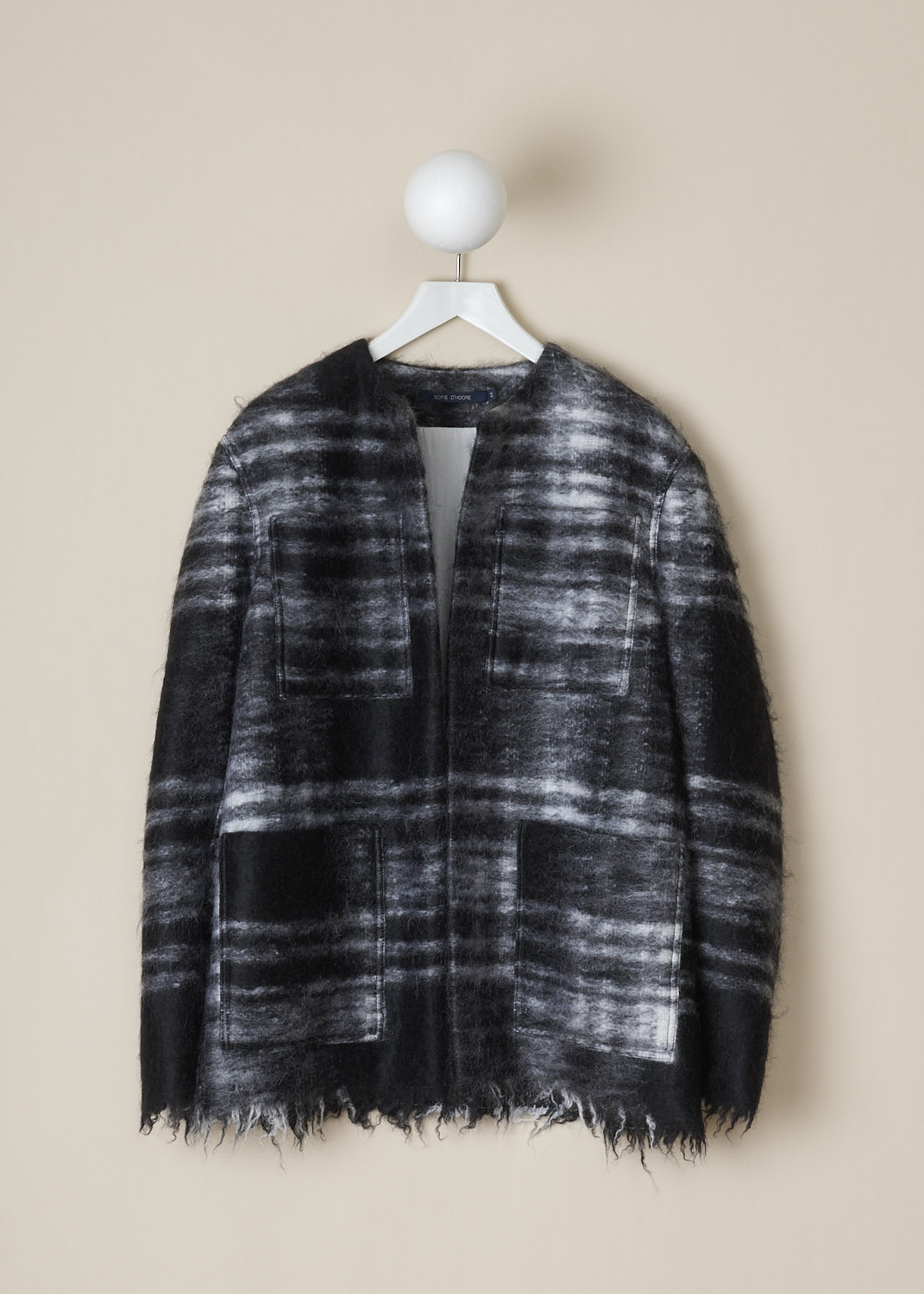 SOFIE D'HOORE, BLACK AND WHITE TARTAN CROFT JACKET, CROFT_WOMO_BLACK_TARTAN,  Black, White, Print, Front, This black-and-white tartan Croft jacket has a round neckline and an open front. In the front, the jacket had four big patch pockets. The long sleeves and hemline have a raw finish. The jacket is fully lined. 
