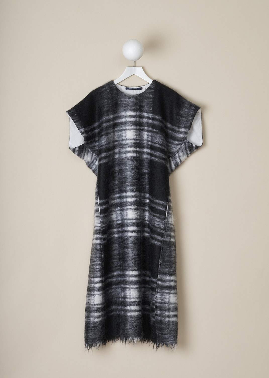 SOFIE DHOORE, BLACK AND WHITE TARTAN DORIA DRESS, DORIA_WOMO_BLACK_TARTAN, Black, White, Print, Front, This black-and-white tartan Doria maxi dress has a round neckline with a concealed zip closure on the left shoulder. The dress has short cap sleeves. In the front, the dress has on-seam slanted pockets. The dress has a straight raw hemline. The dress is fully lined.