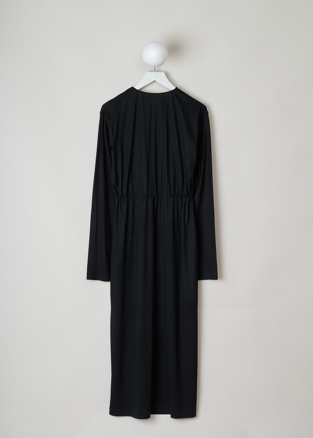 SOFIE Dâ€™HOORE, LONG SLEEVE BLACK DRESS, DARA_WOJE_BLACK, Black, Back, This black maxi dress features a gathered elasticated neckline. The waist is also elasticated, cinching in the waist. Slant pockets can be found concealed in the seam.
