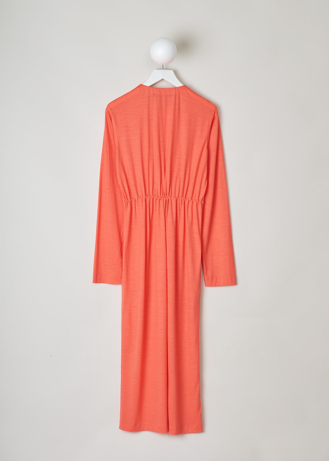 SOFIE D'HOORE, LONG SLEEVE CORAL DRESS, DARA_WOJE_CORAL, Pink, Orange, Back, This coral-colored maxi dress features a gathered elasticated neckline. The waist is also elasticated, cinching in the waist. Slanted pockets can be found concealed in the seam.