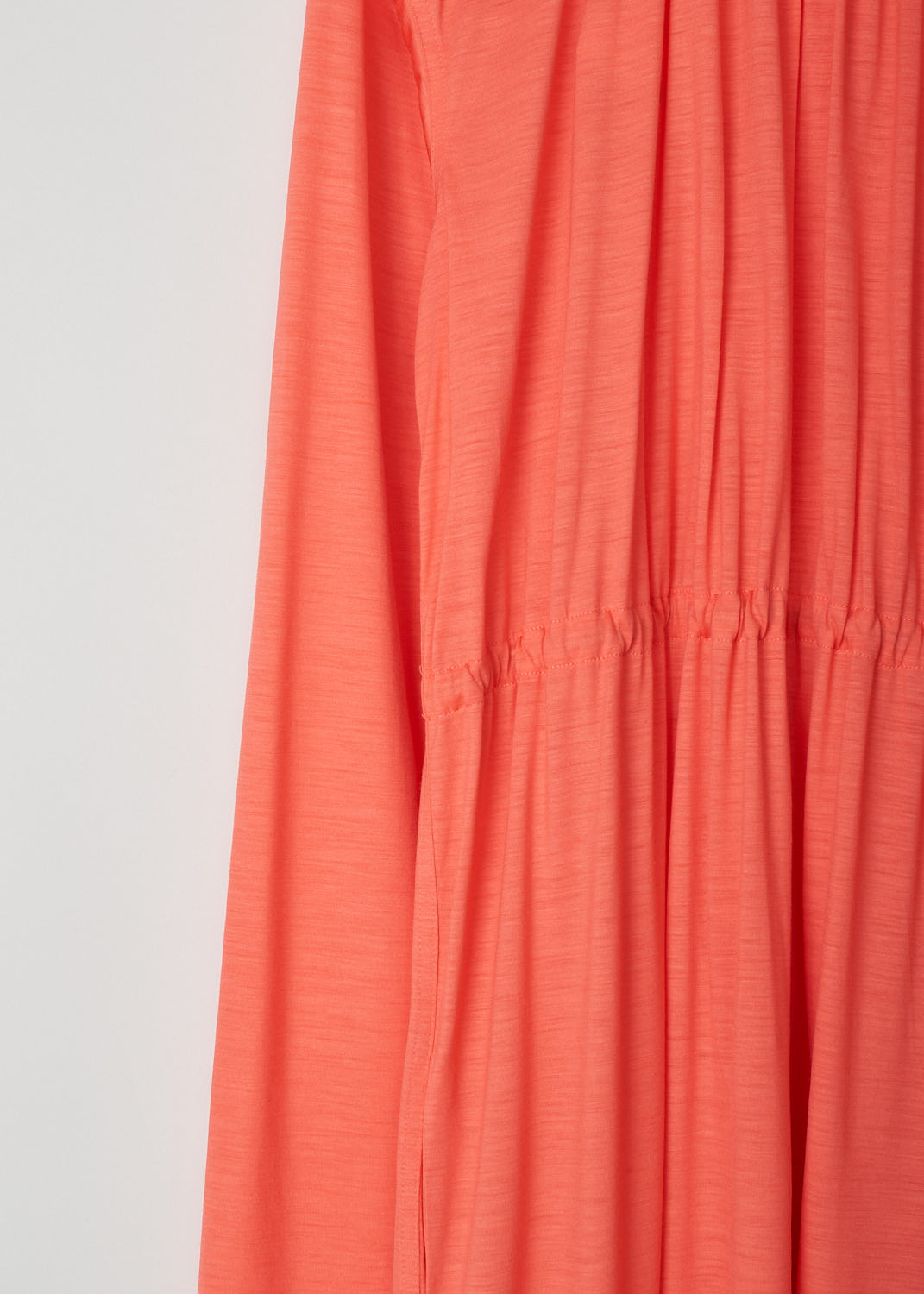 SOFIE D'HOORE, LONG SLEEVE CORAL DRESS, DARA_WOJE_CORAL, Pink, Orange, Detail, This coral-colored maxi dress features a gathered elasticated neckline. The waist is also elasticated, cinching in the waist. Slanted pockets can be found concealed in the seam.